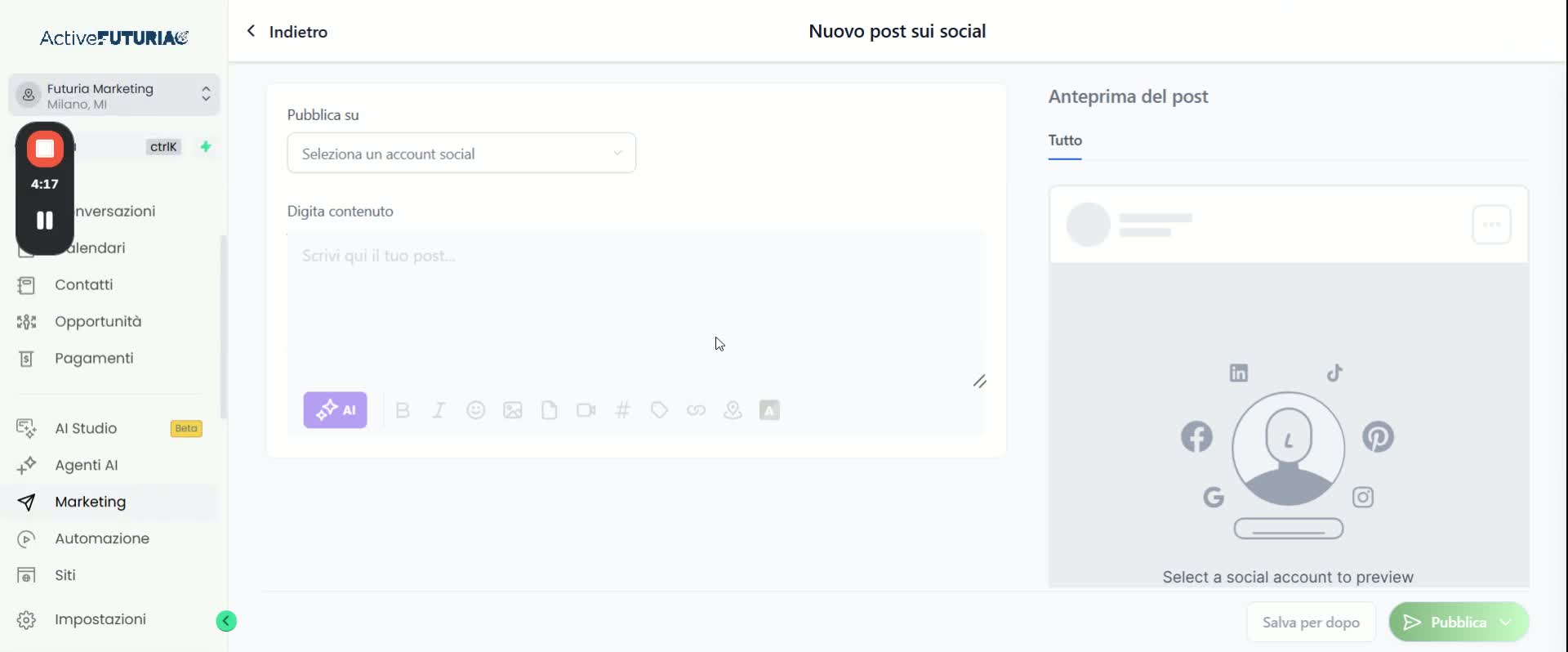 Selezione piattaforma — Facebook e Instagram