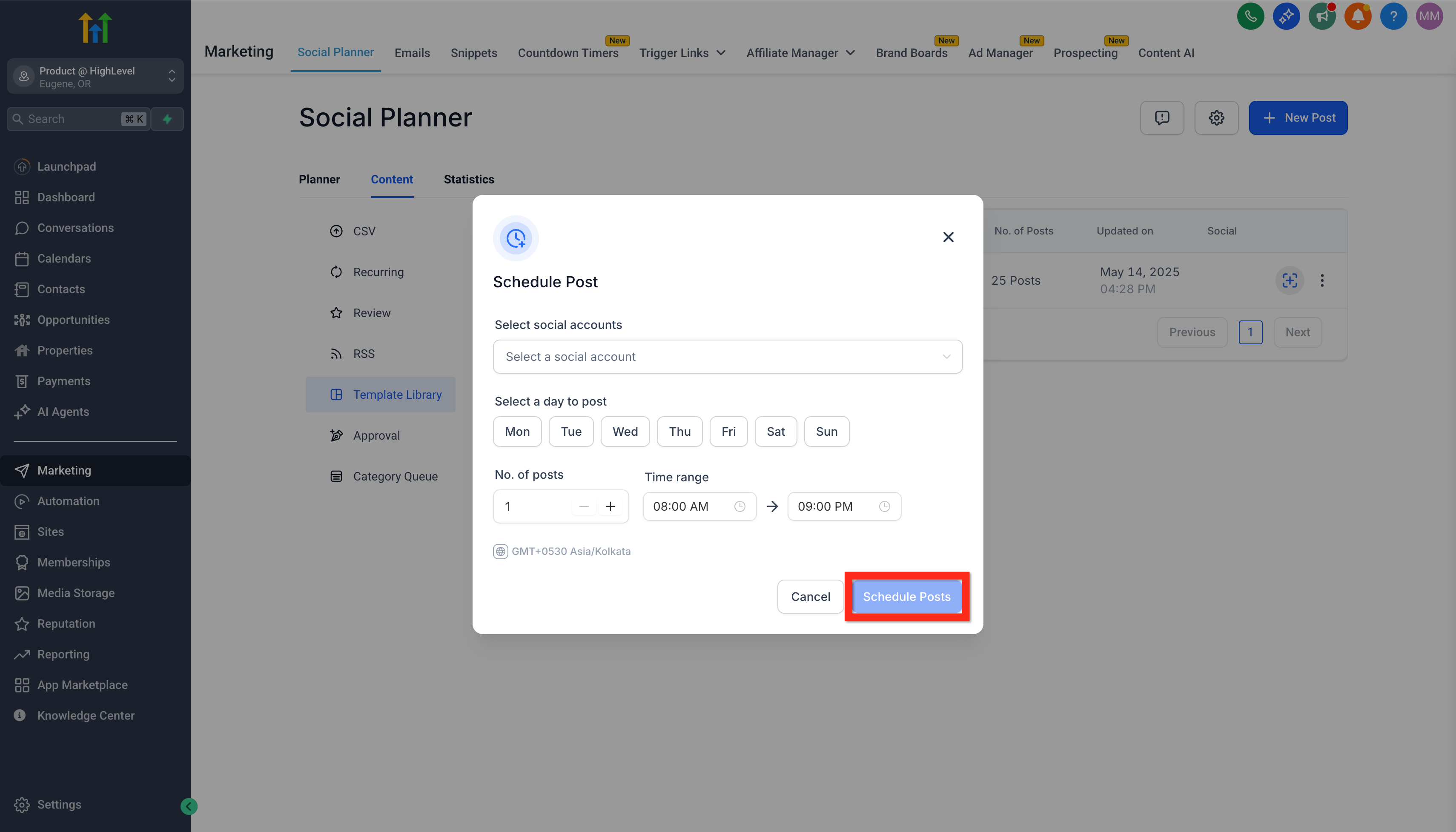 Finestra di programmazione del post con opzioni di data e ora.