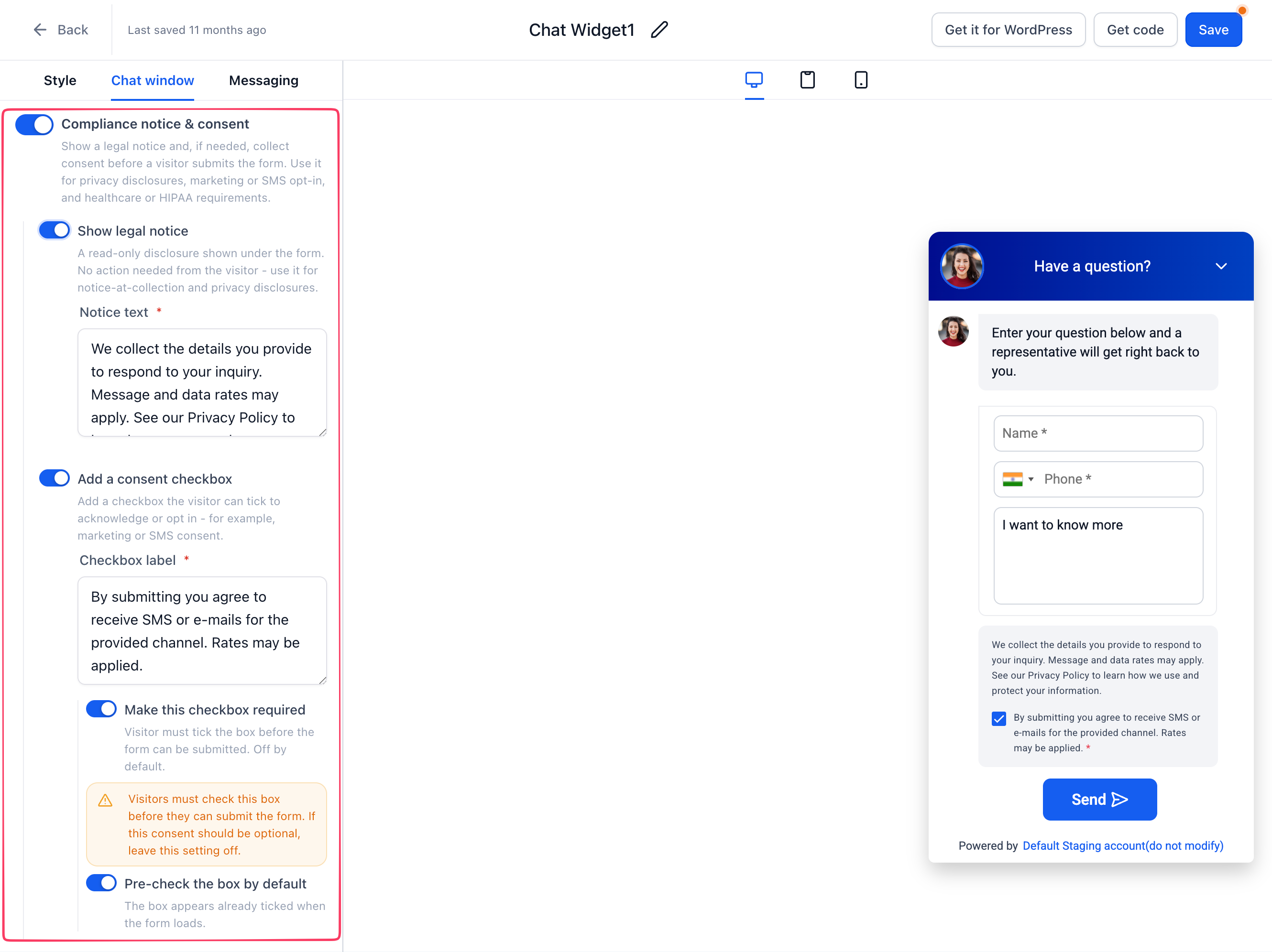 Schermata delle nuove impostazioni di conformità e consenso per il Widget Chat di Futuria CRM.