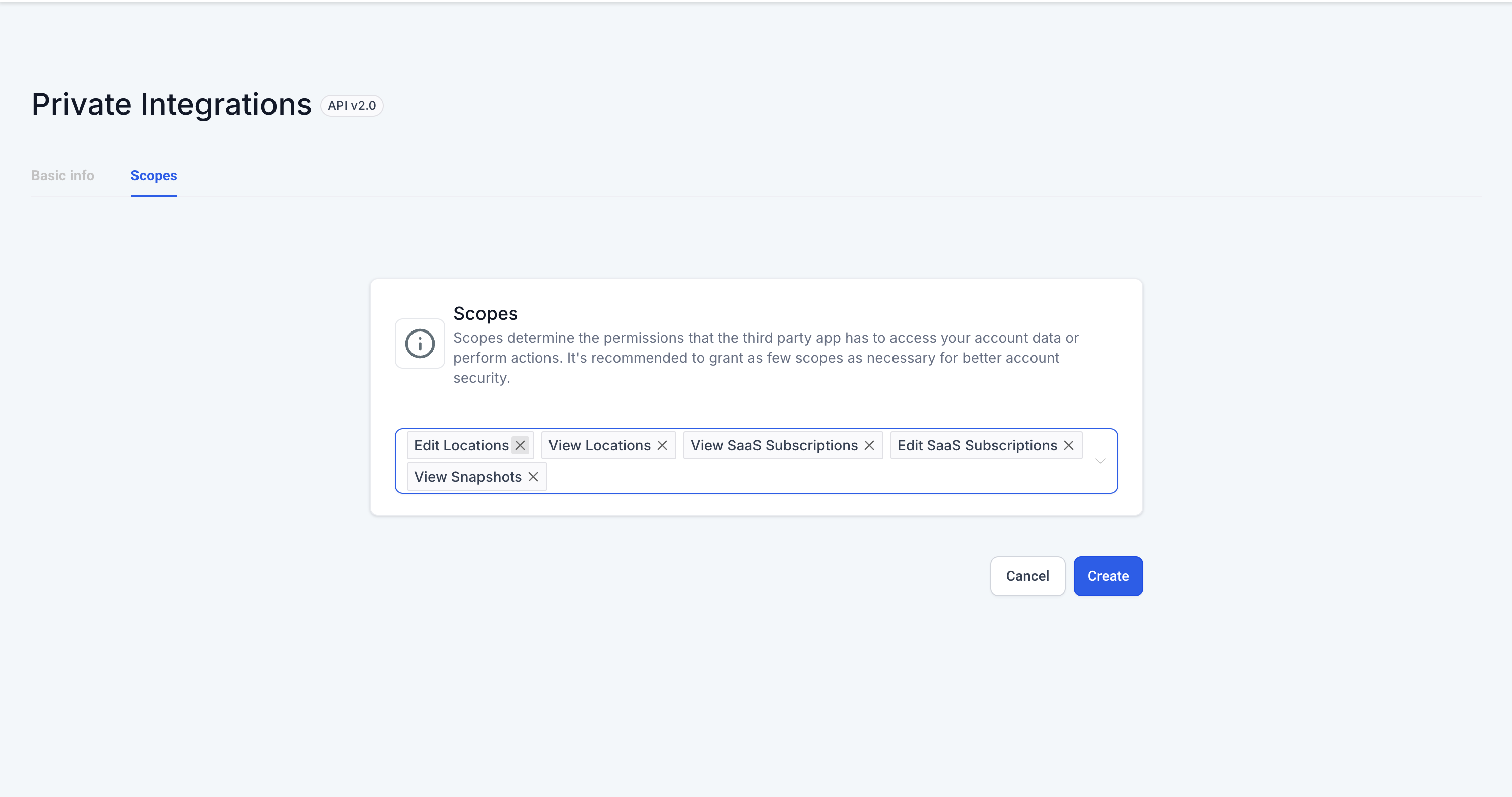 Selezione degli ambiti e delle autorizzazioni per un'integrazione privata in Futuria CRM.