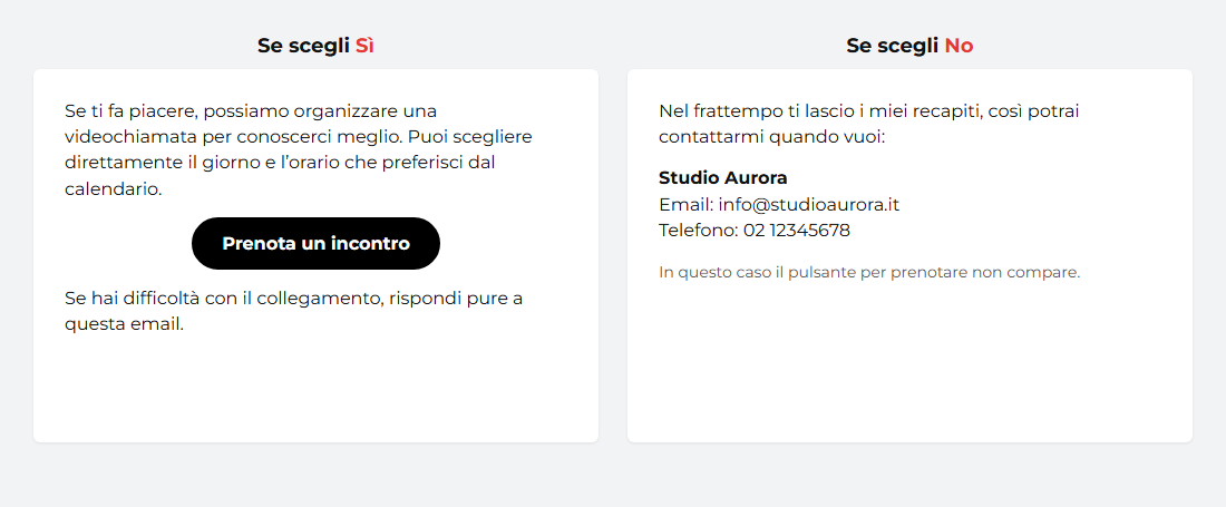 Confronto tra l’email con invito a prenotare un incontro e l’email con i recapiti dell’azienda