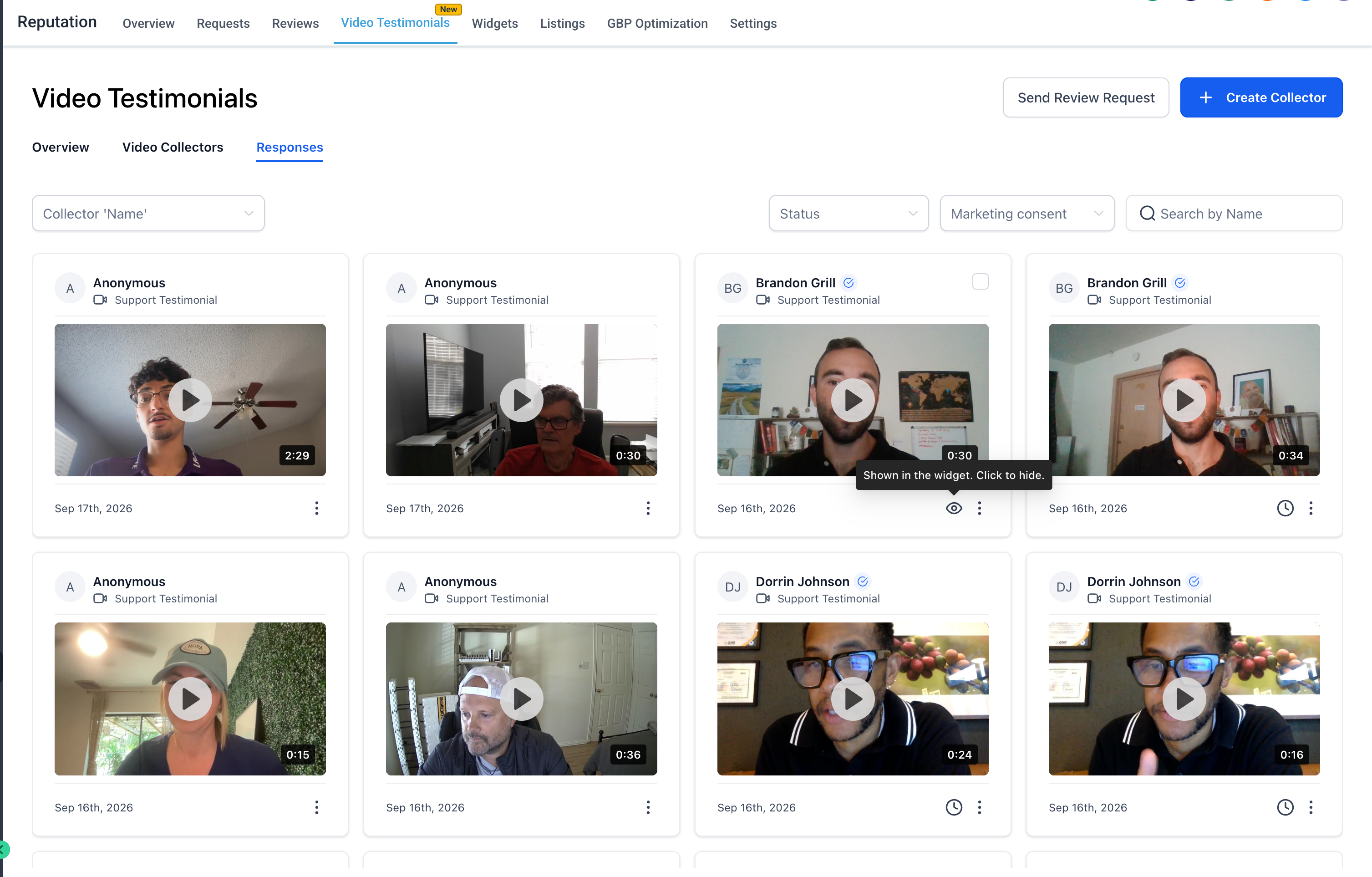 Dettaglio di una singola risposta di video testimonianza con le opzioni di gestione.