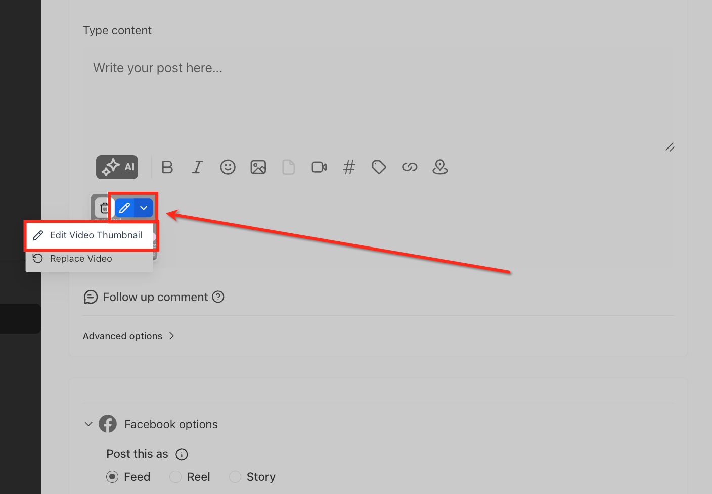 Icona di modifica sulla miniatura di un video nell'editor di post.