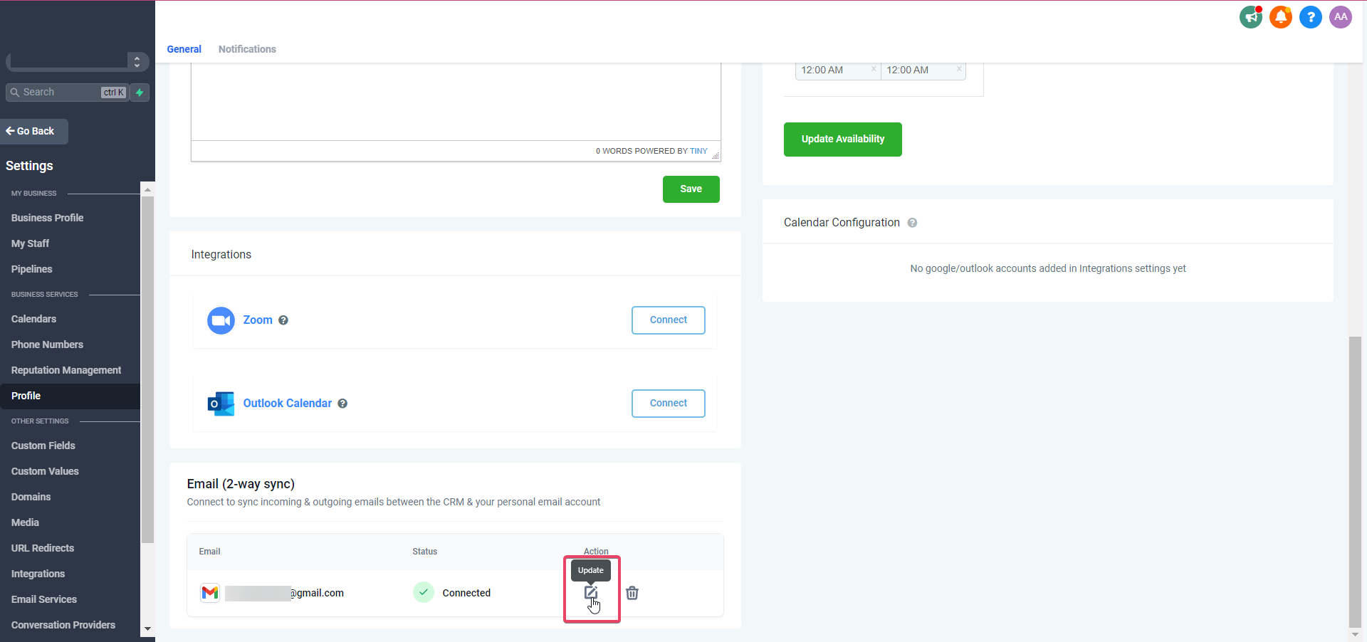 Opzione per aggiornare l'indirizzo email collegato.
