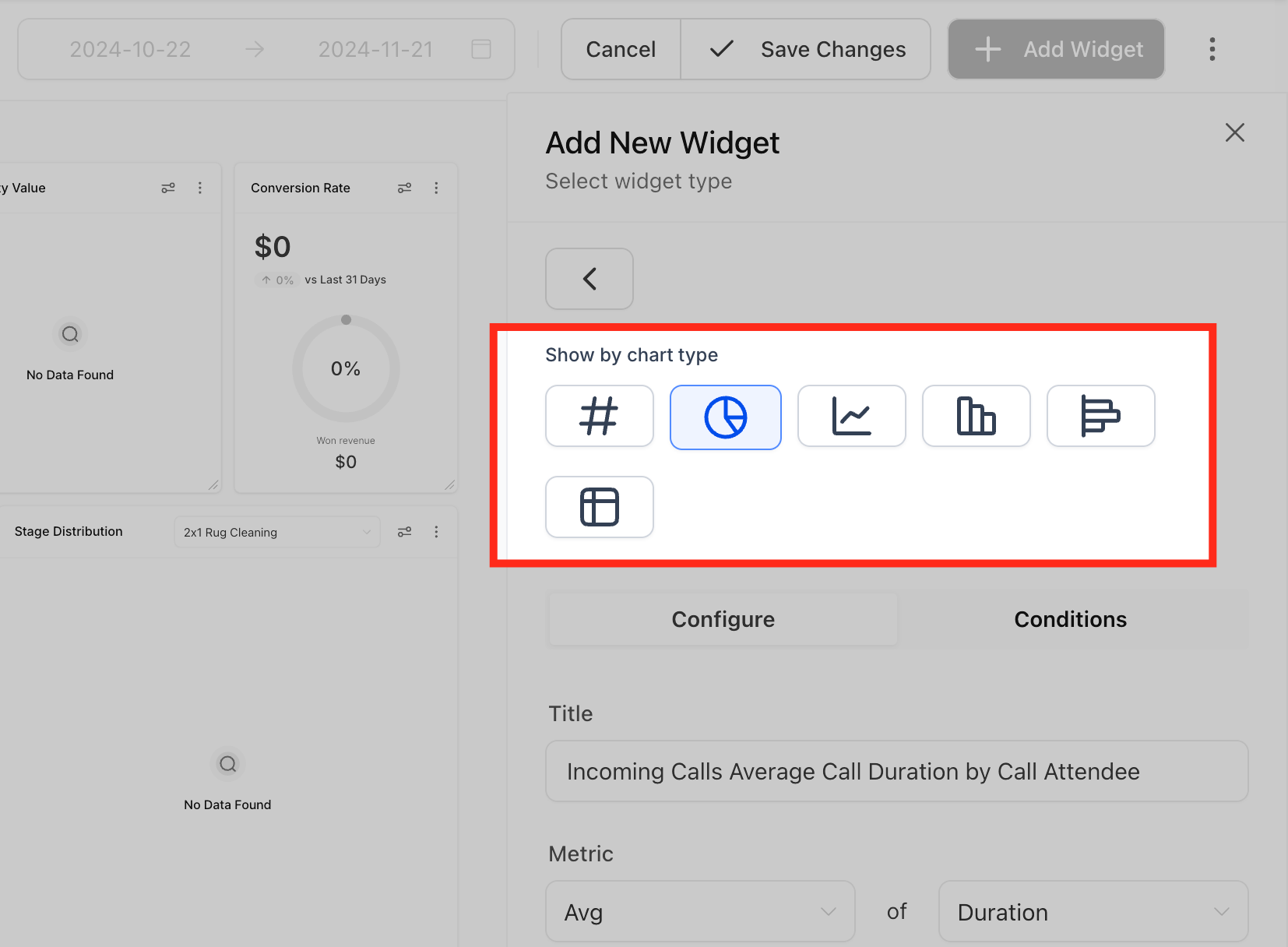 Selezione del tipo di grafico per un widget della dashboard in Futuria CRM.