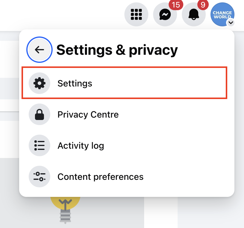 Voce Impostazioni nel menu di Facebook