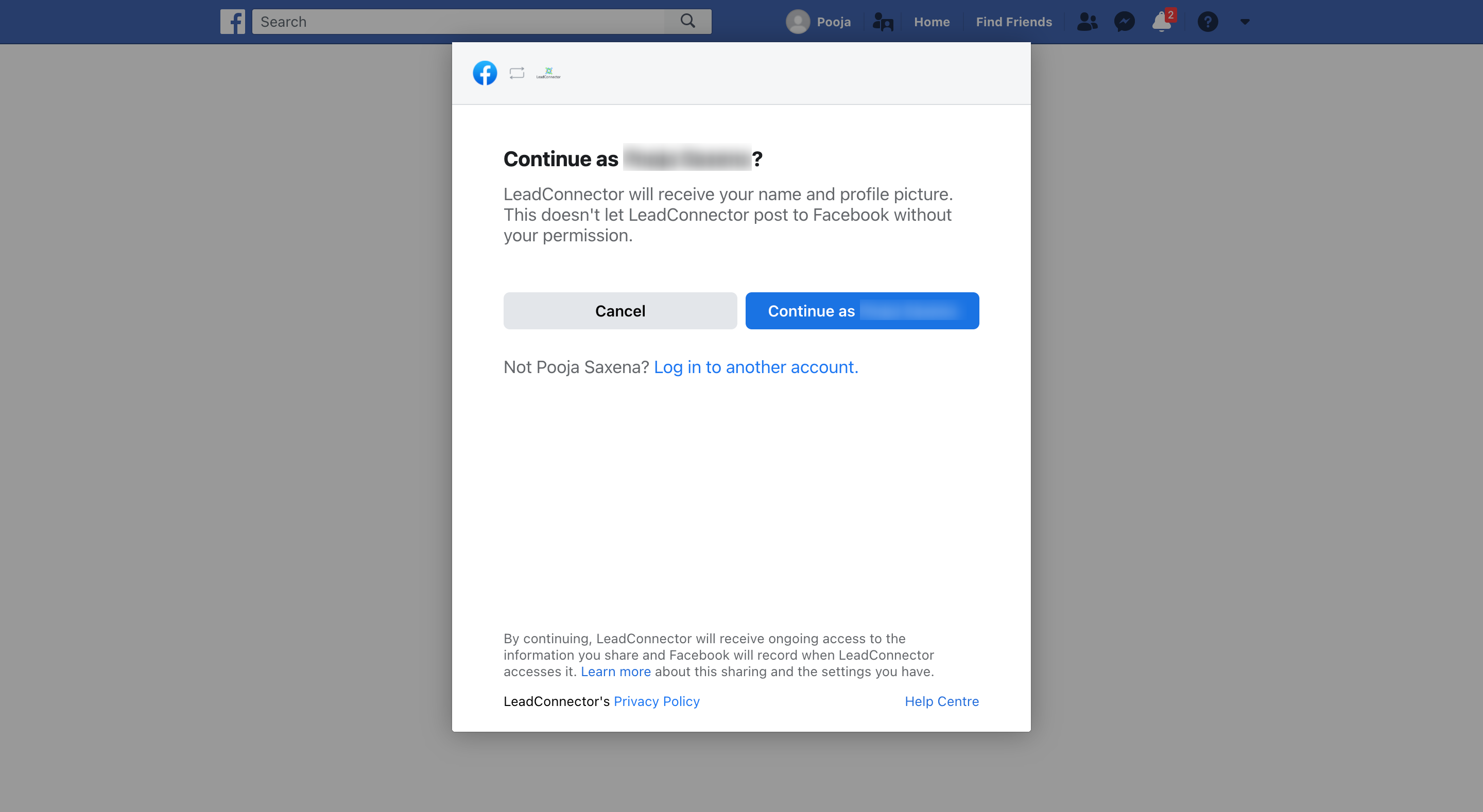 Login all'account Facebook per la connessione.