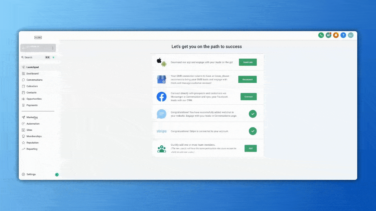 Animazione che mostra come abilitare le ricevute di vendita automatiche nelle impostazioni di pagamento di Futuria CRM.