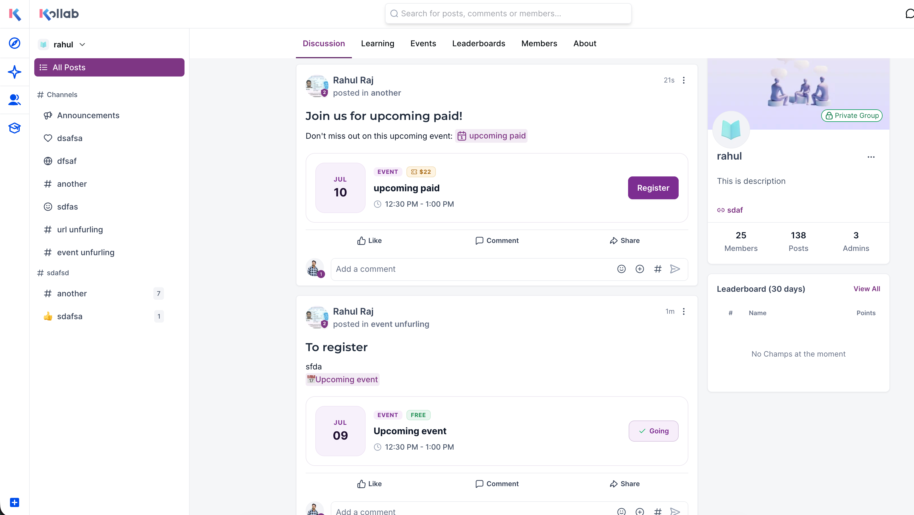 Scheda interattiva di un evento in un post della community con pulsante di registrazione.