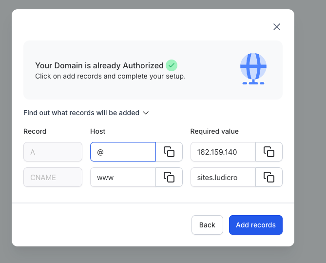 Terzo passaggio: clic sul pulsante Aggiungi record per creare i record DNS necessari.