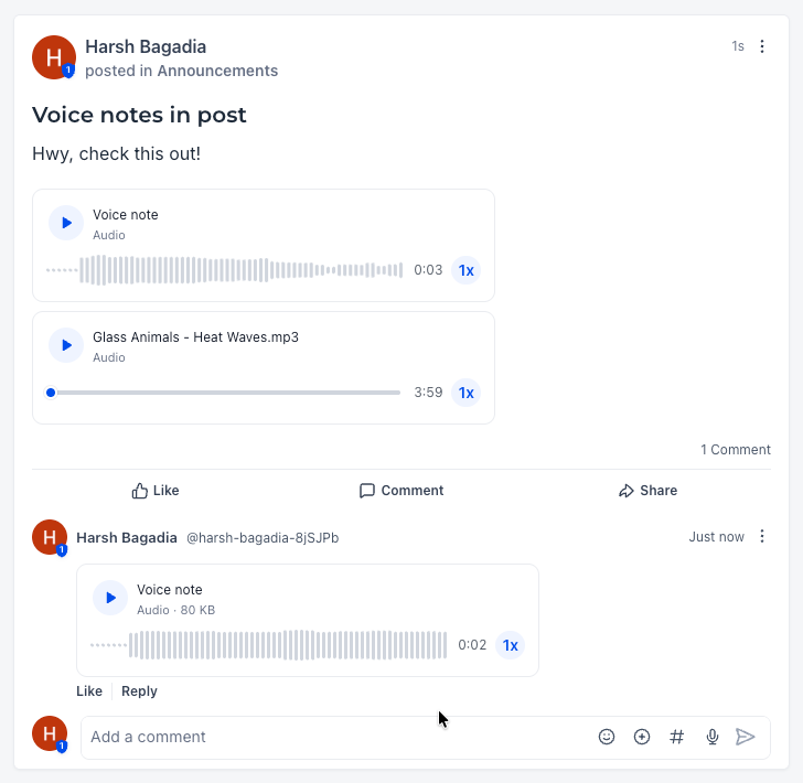 Player audio integrato nel feed della Community con controlli di velocità e visualizzazione a forma d'onda.
