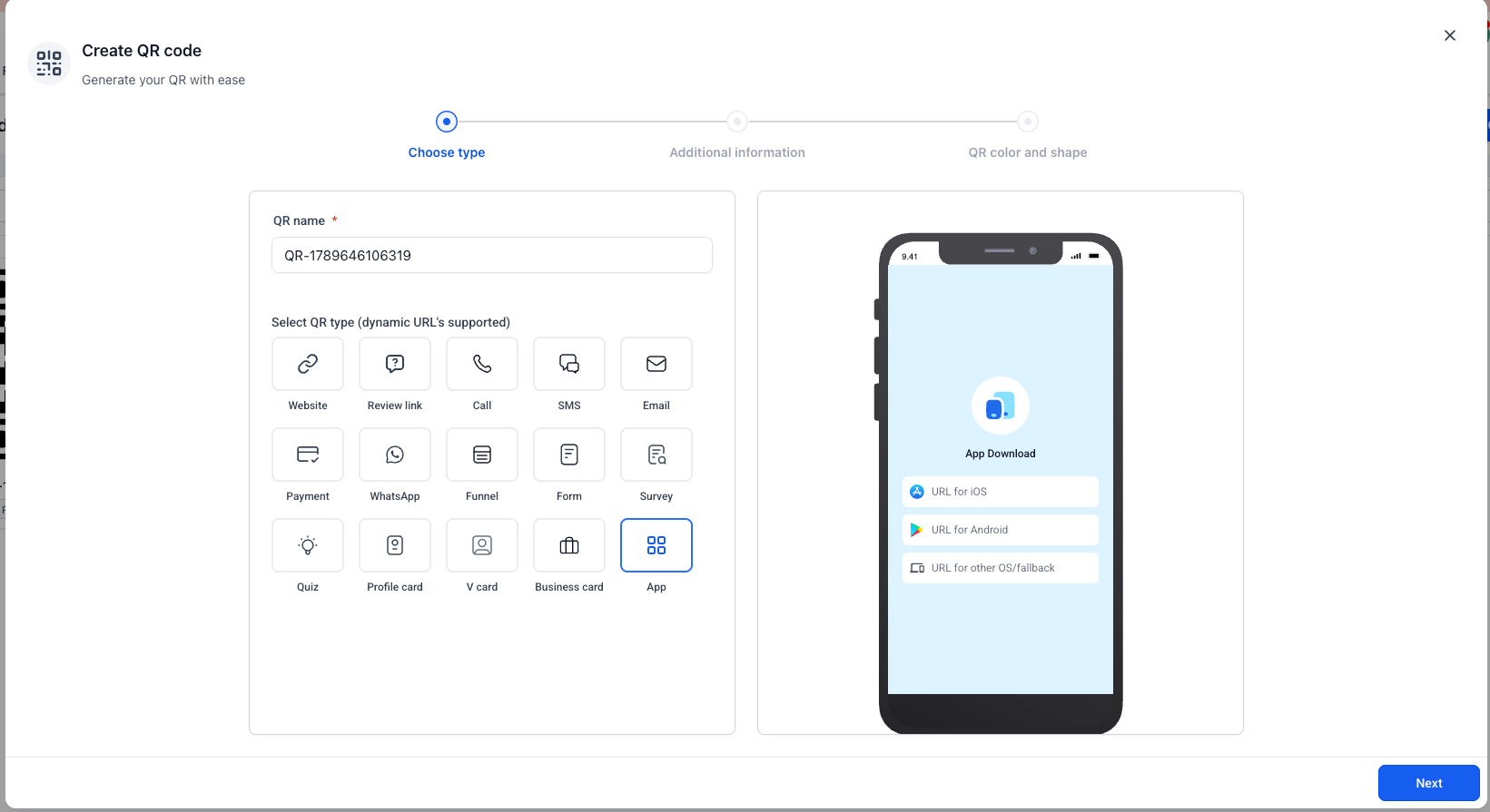 Configurazione degli URL per App Store, Play Store e URL alternativo per un QR code di tipo App.