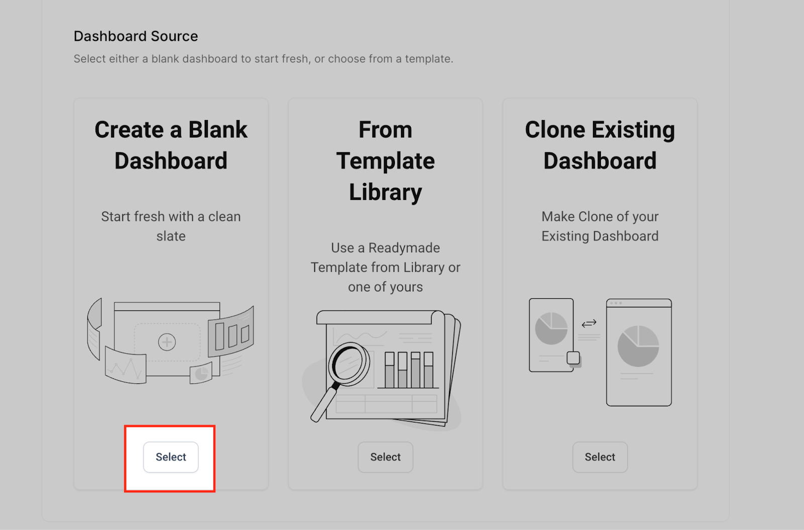 Selezione dell'opzione per creare una dashboard vuota.