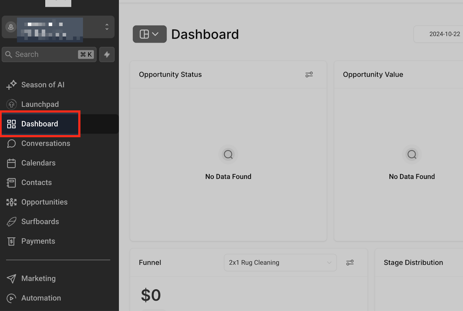 Schermata della dashboard principale di Futuria CRM.