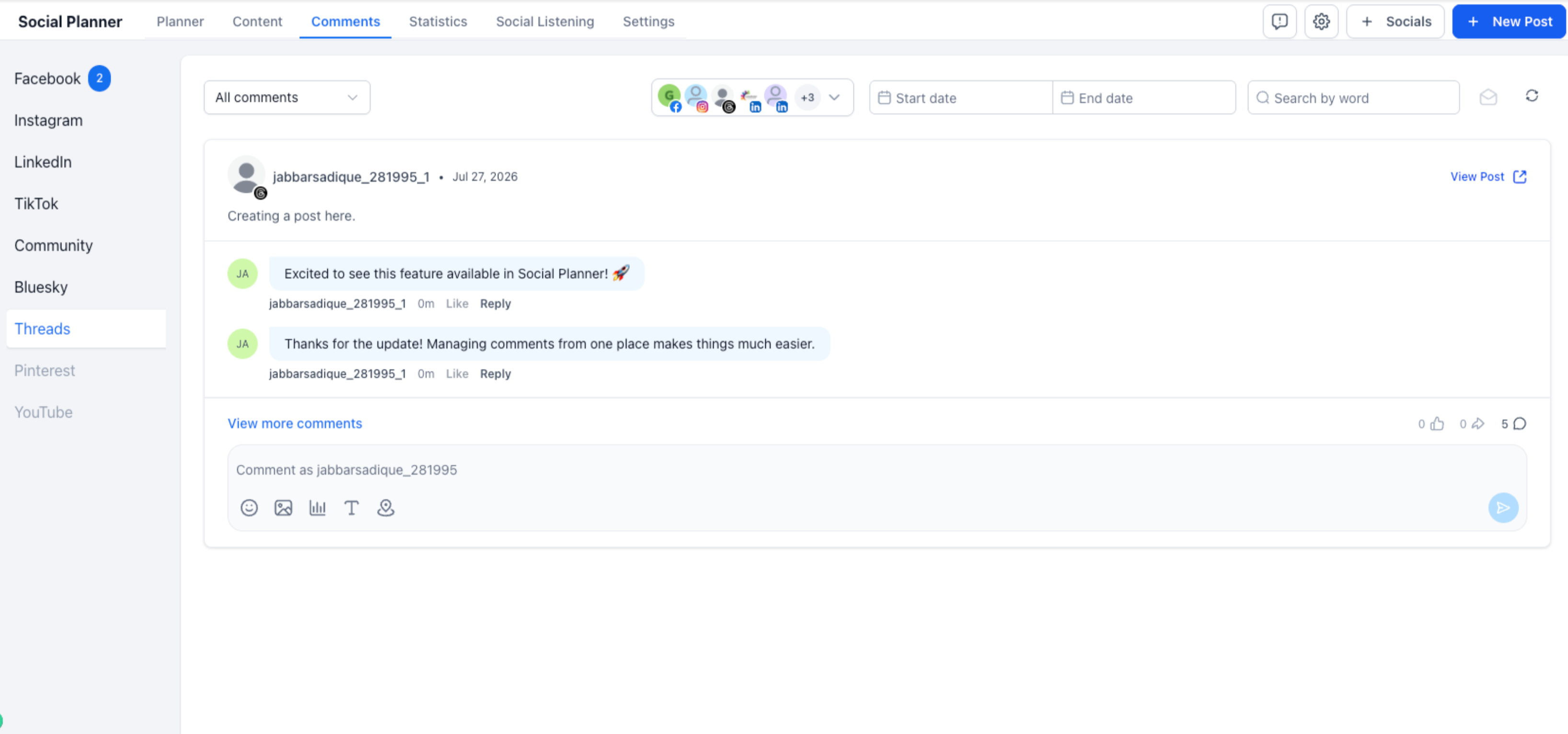 Schermata della Gestione Commenti di Threads all'interno del Social Planner di Futuria CRM.