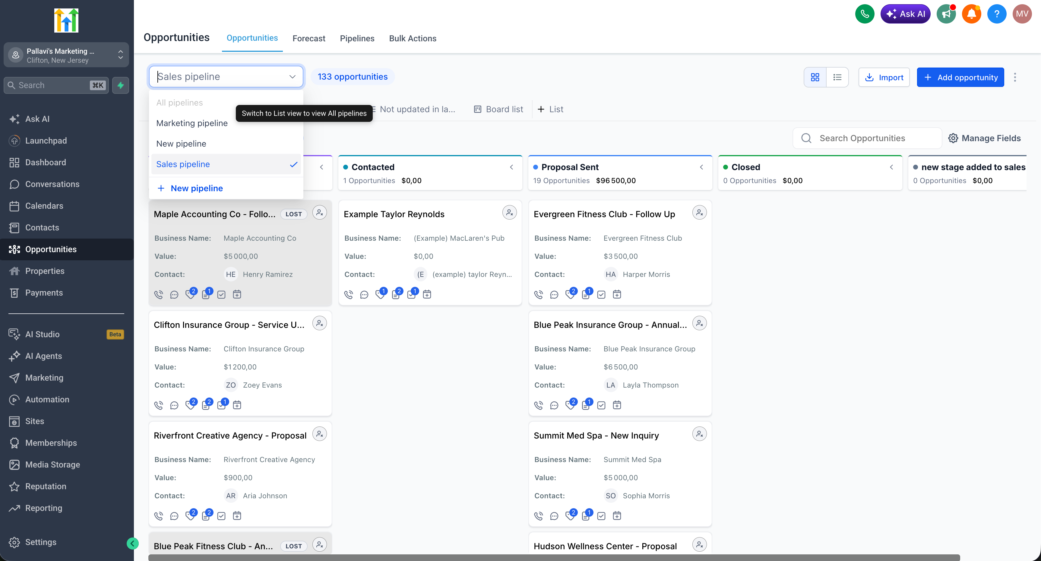 Esempio di salvataggio della vista 'Tutte le pipeline' come una Smartlist di tipo Elenco in Futuria CRM.