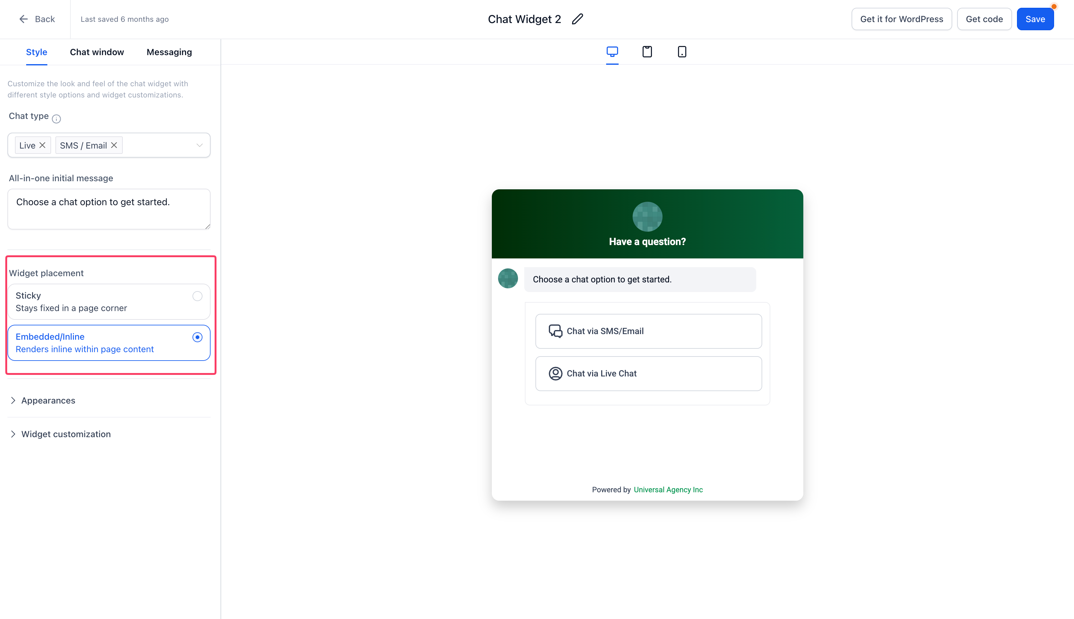 Anteprima di un widget chat incorporato direttamente all'interno di una pagina web.
