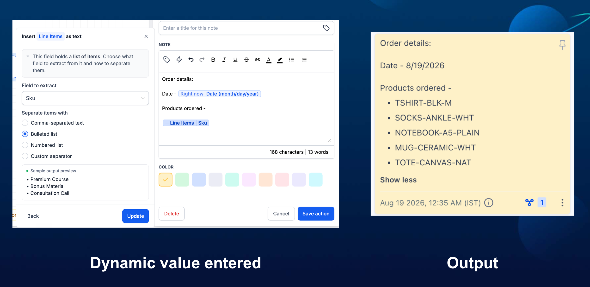 Schermata che mostra le opzioni di formattazione per un valore di tipo lista nel selettore dei valori personalizzati di un workflow.