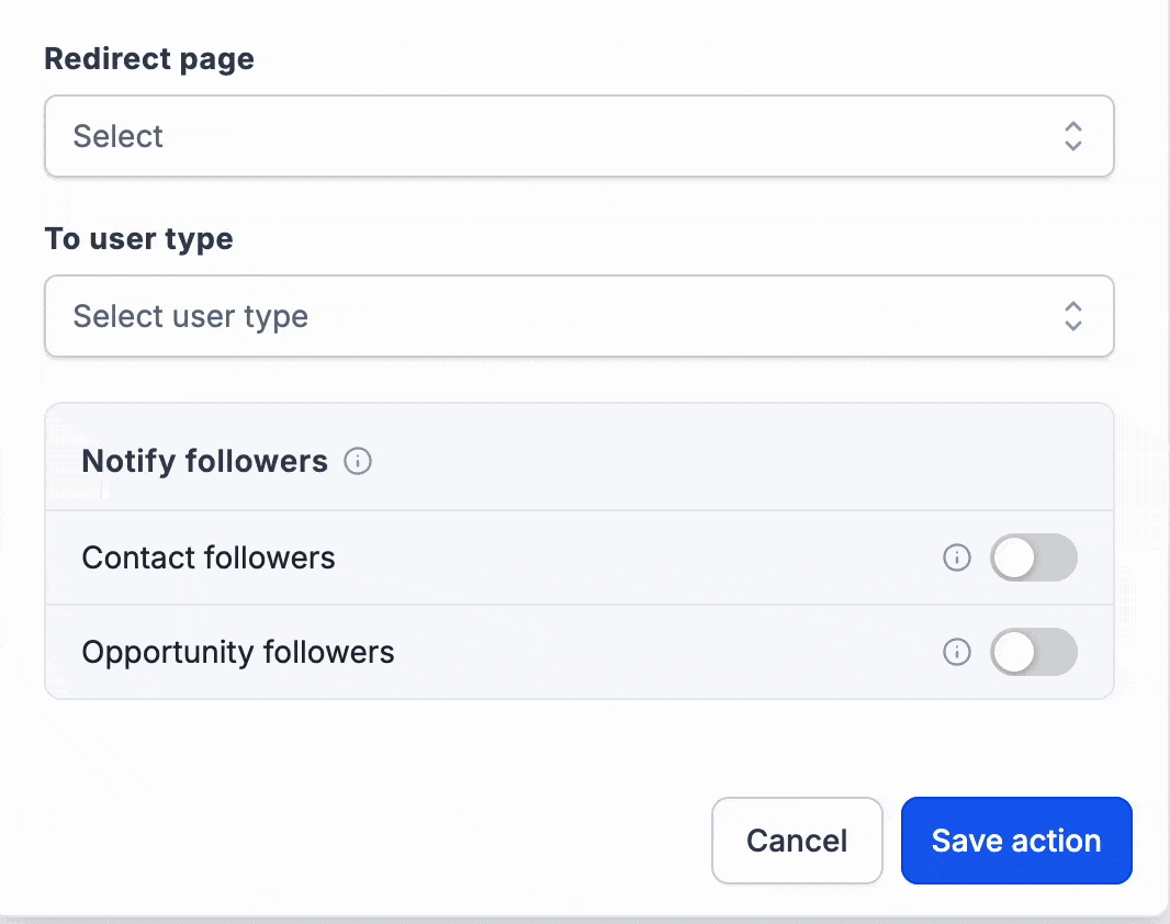 Schermata dell'azione di notifica interna in un workflow di Futuria CRM che mostra le nuove opzioni per notificare i follower di contatti e opportunità.