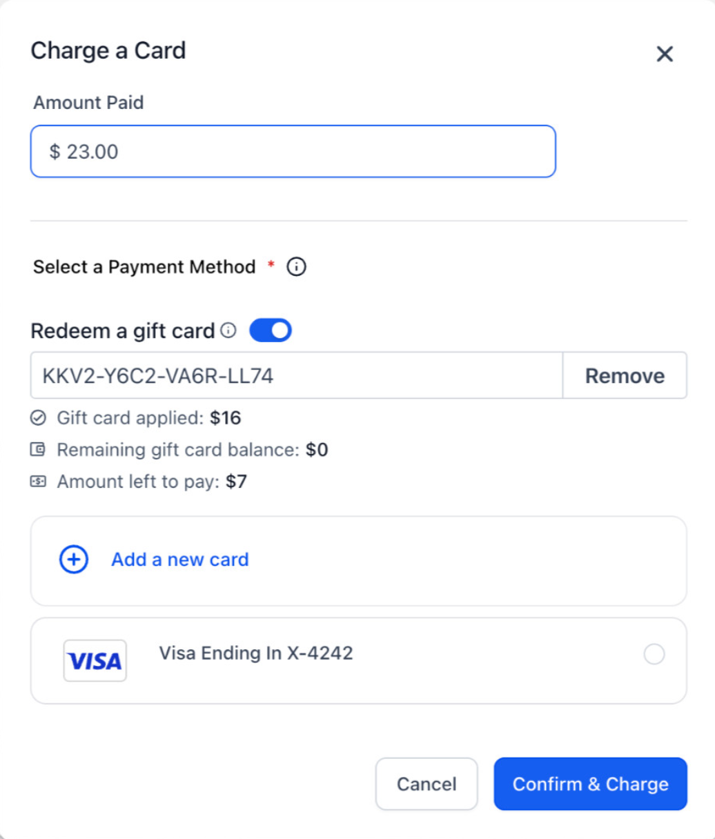 Schermata della funzione 'Riscuoti pagamento' in Futuria CRM con l'opzione per riscattare una Gift Card.