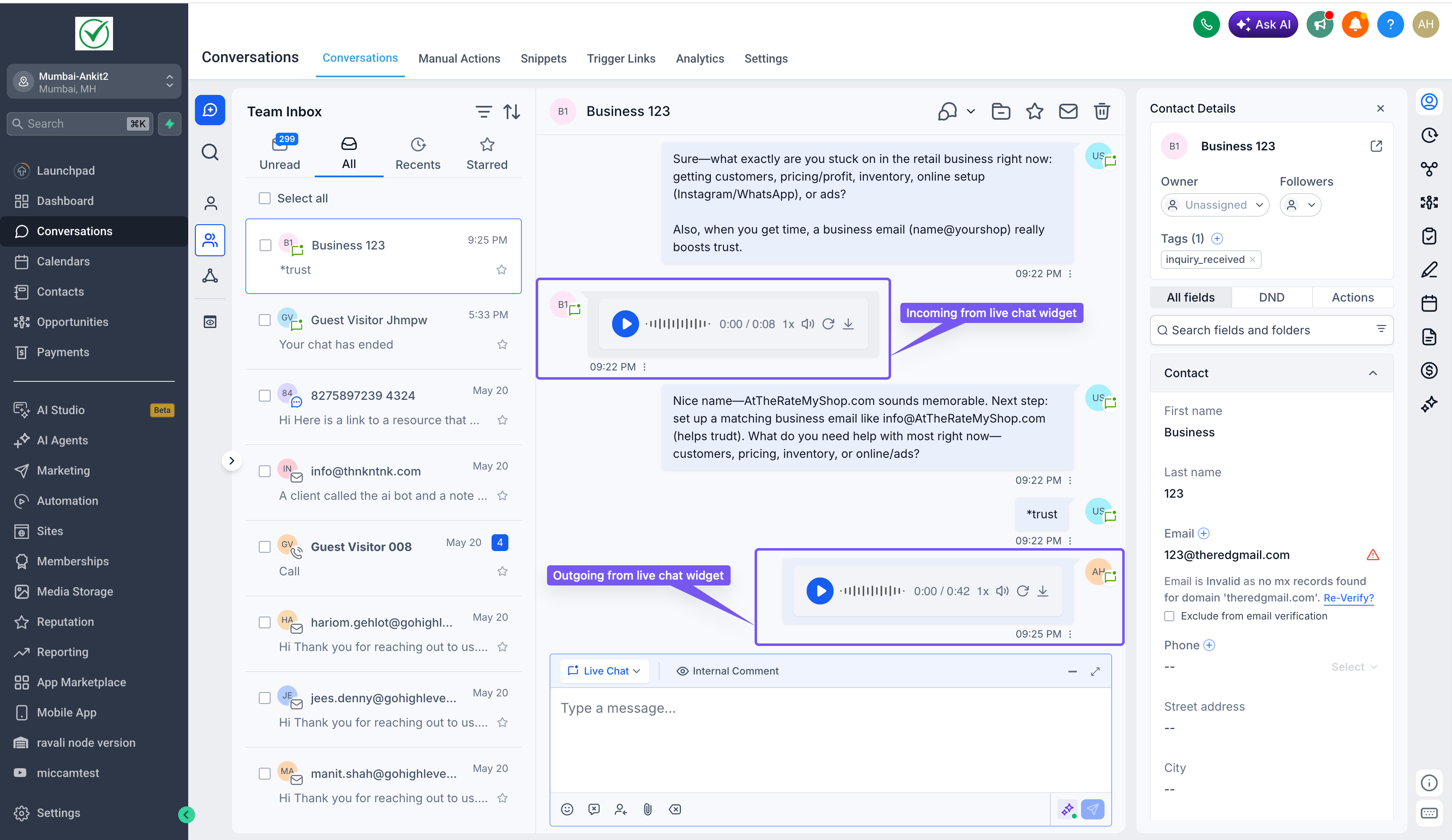 Visualizzazione di un allegato ricevuto nella sezione Conversazioni.