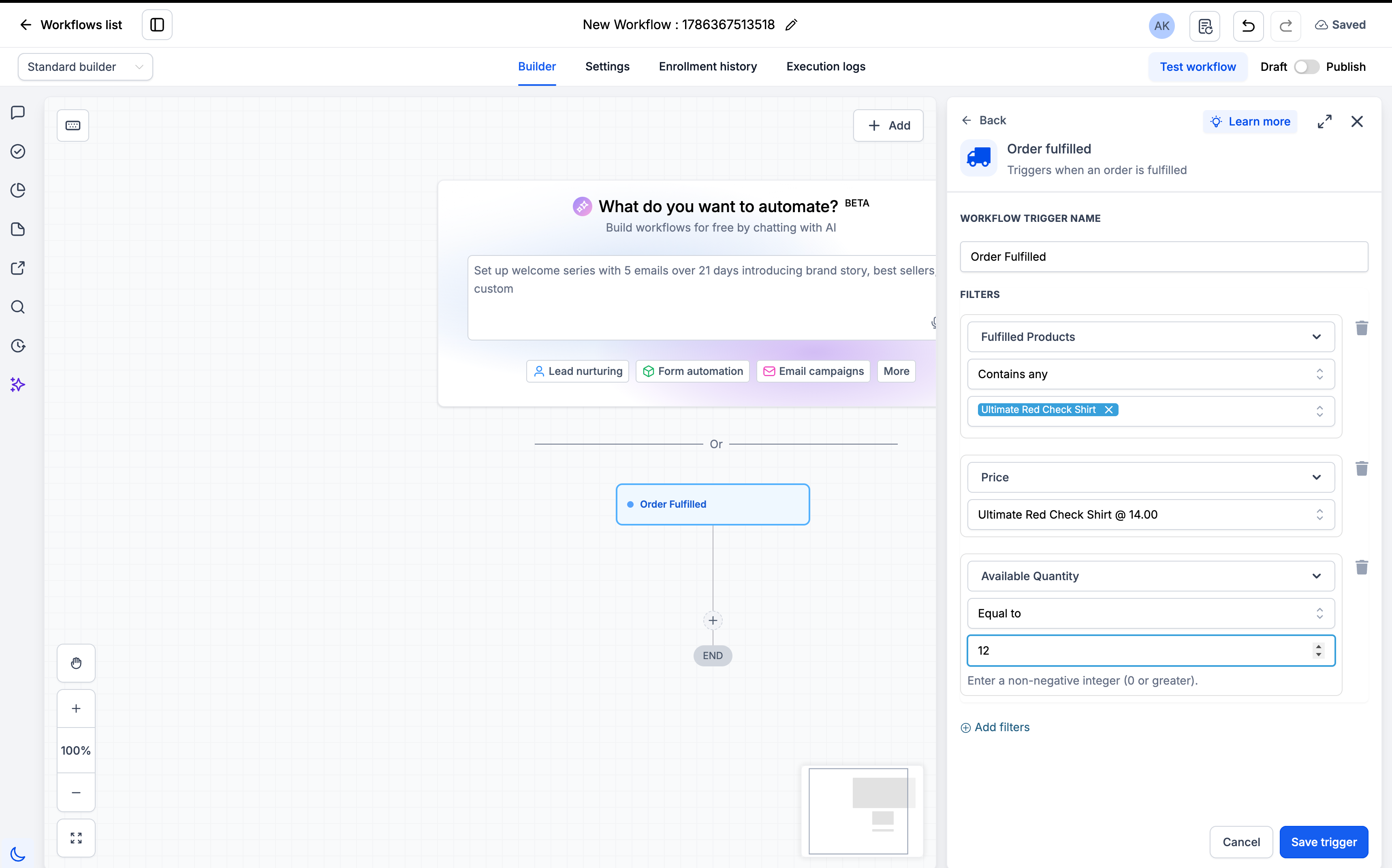Esempio di configurazione del filtro per la quantità di un prodotto in Futuria CRM.