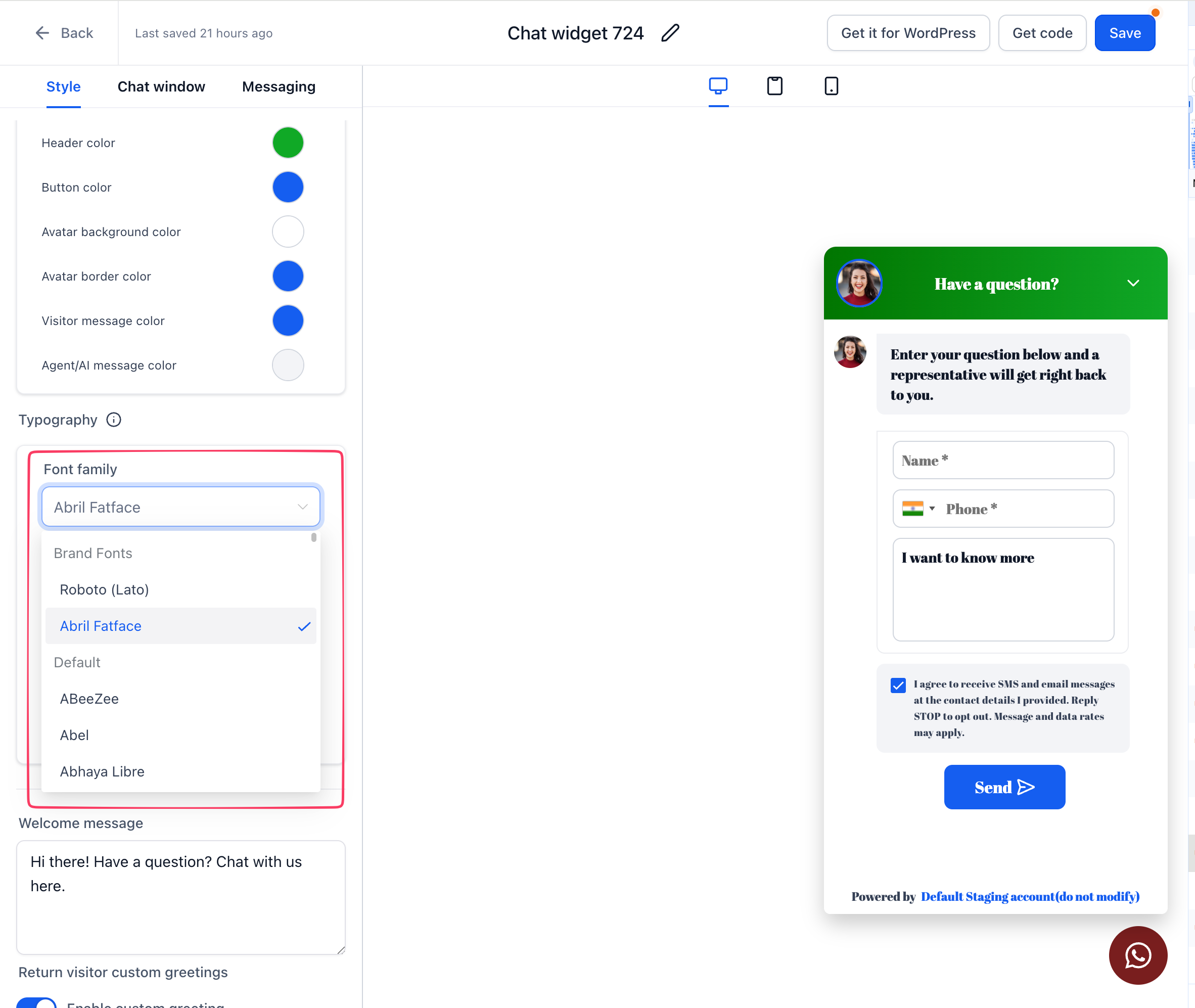 Opzione per configurare una nuova Brand Board direttamente dalle impostazioni di stile del Chat Widget.