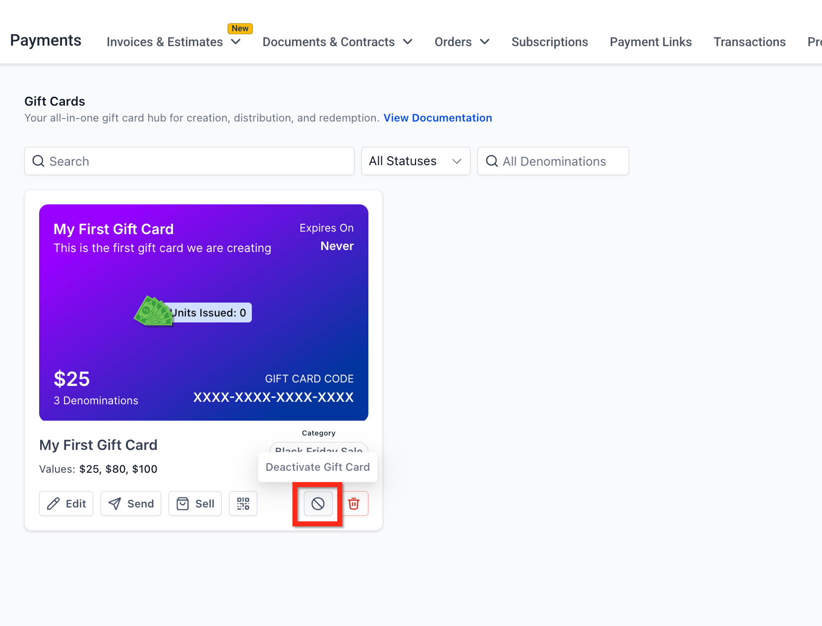 Opzione 'Disattiva' per un prodotto gift card.