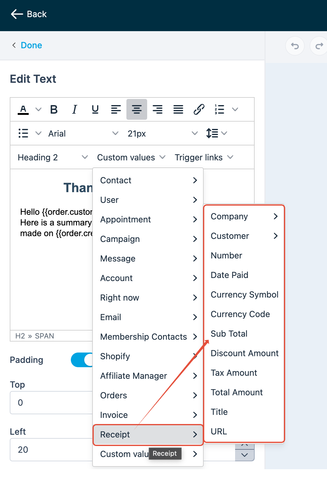 Esempio di un modello email personalizzato per l'invio di una ricevuta di vendita in Futuria CRM.