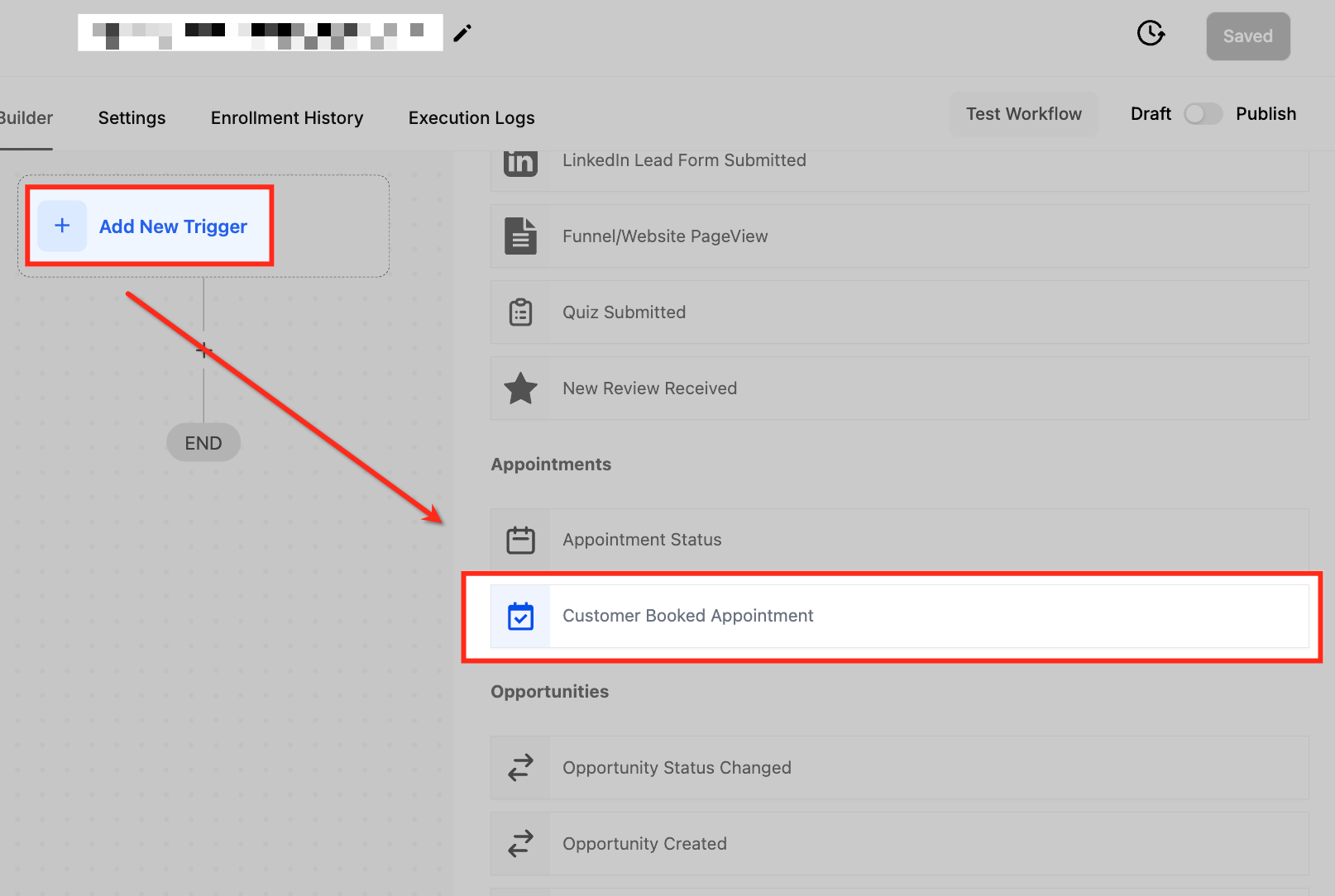 Selezione del trigger 'Appuntamento prenotato dal cliente' in Futuria CRM.