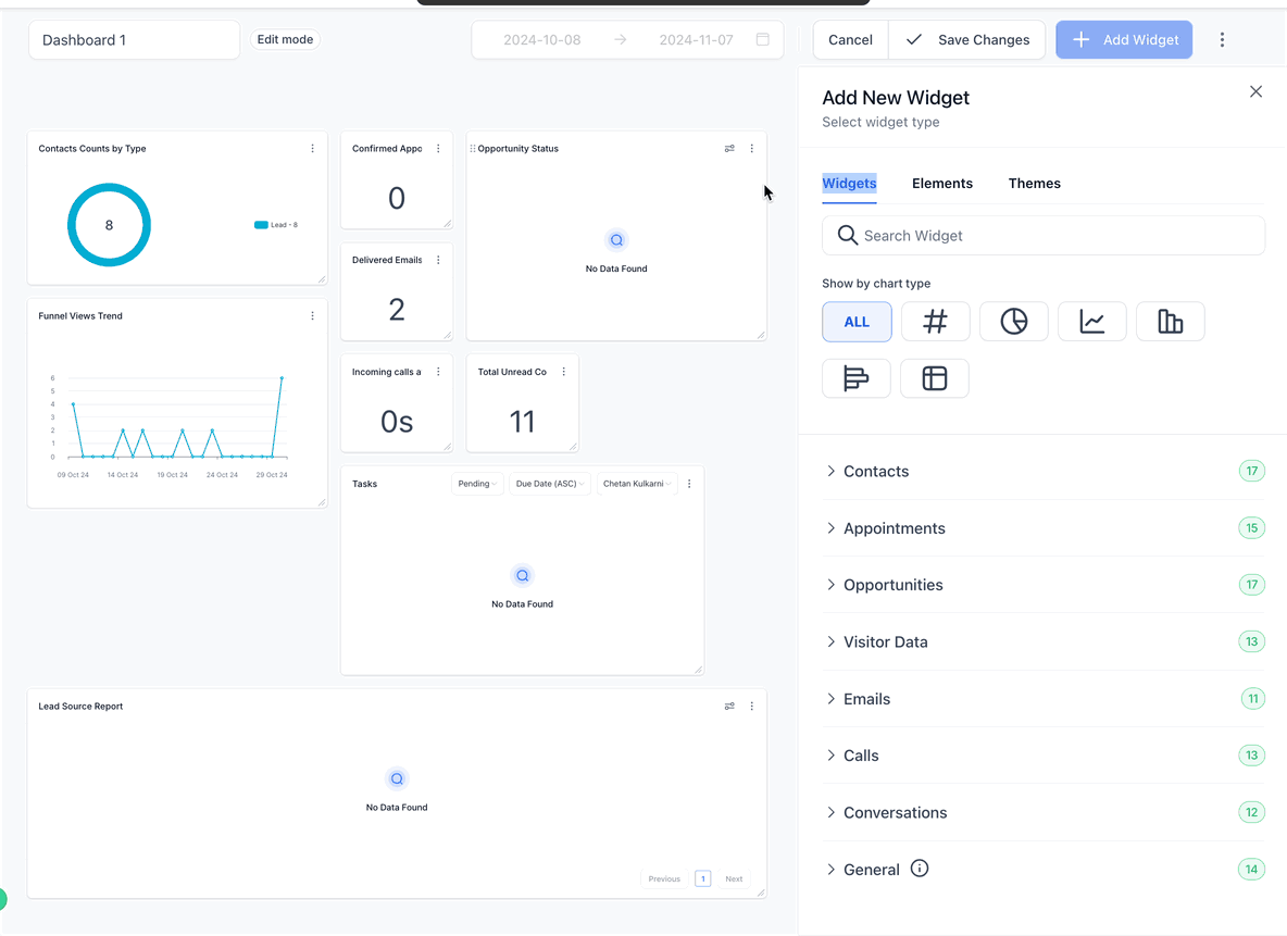 Animazione che mostra l'aggiunta di elementi come titoli e testo ai widget della dashboard.