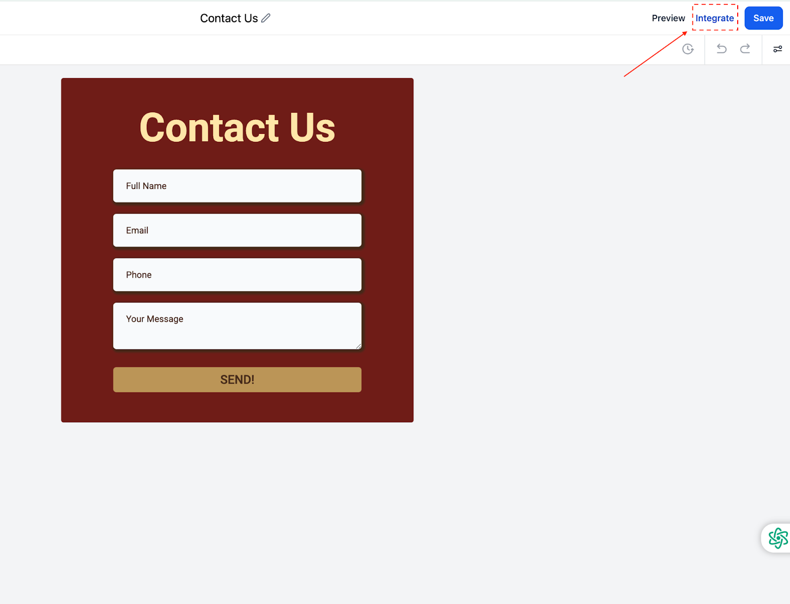 Pulsante 'Integra' nel builder di moduli di Futuria CRM.