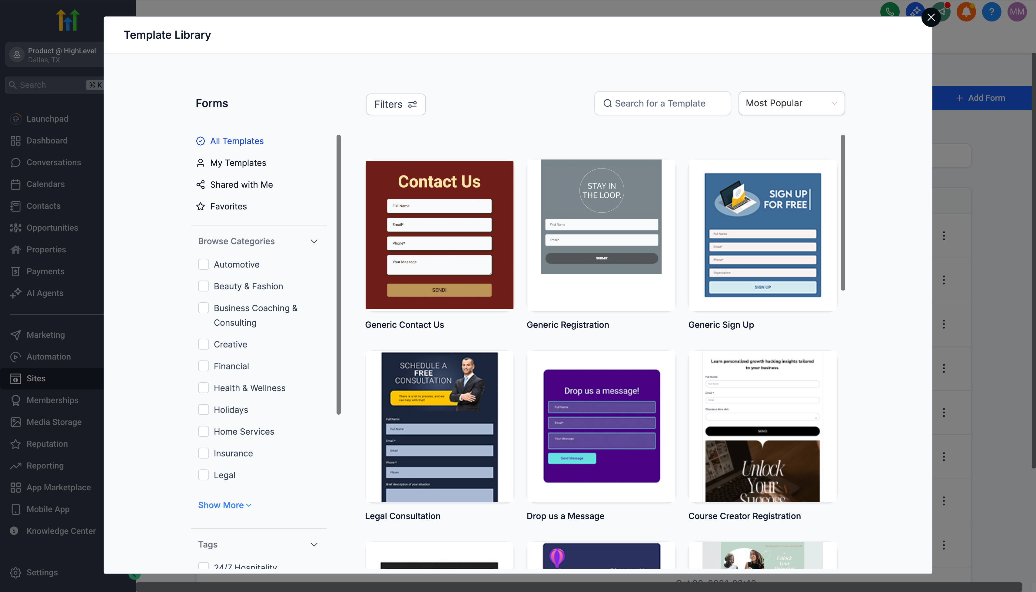 Creazione di un modulo da un modello nella libreria di Futuria CRM.