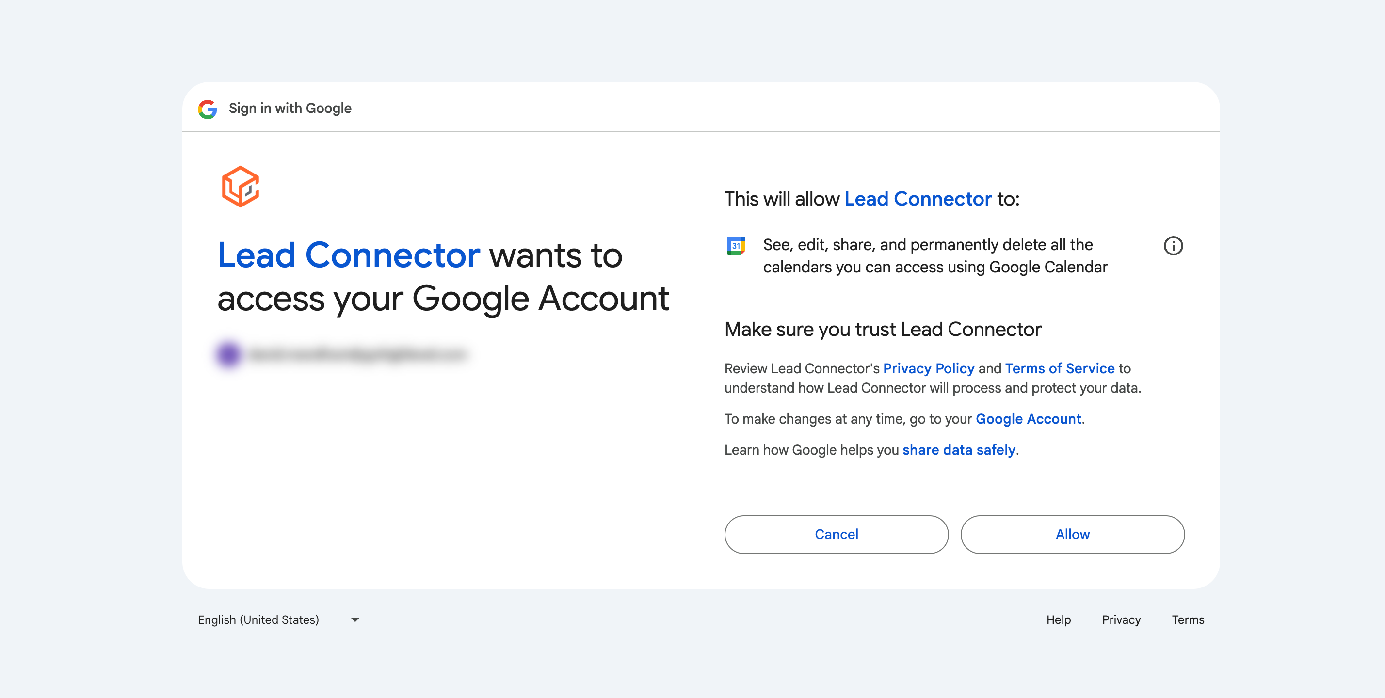 Schermata di richiesta delle autorizzazioni di Google per l'accesso al calendario e all'email.