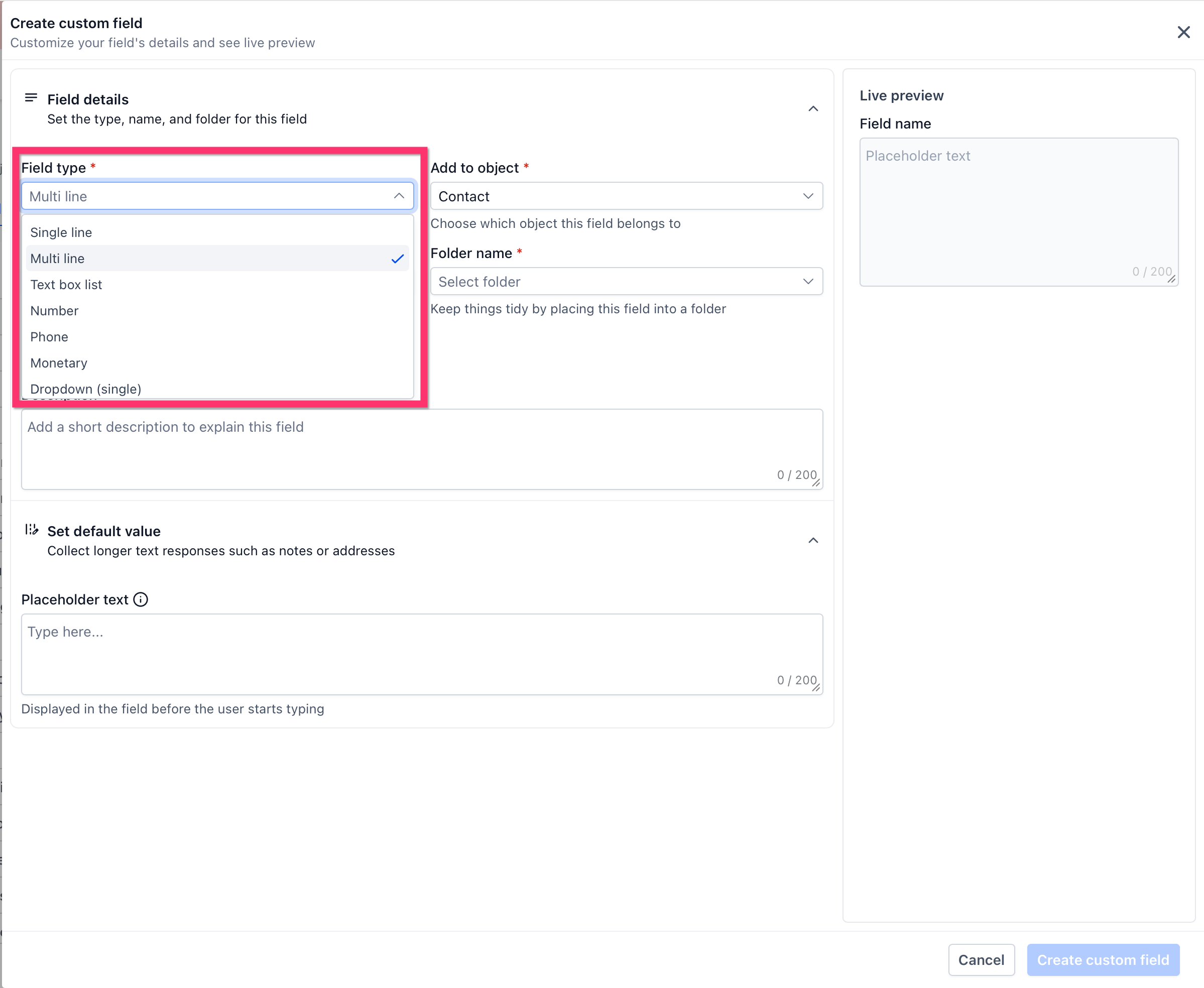 Selezione del tipo di campo da creare, come testo, data o menu a discesa.