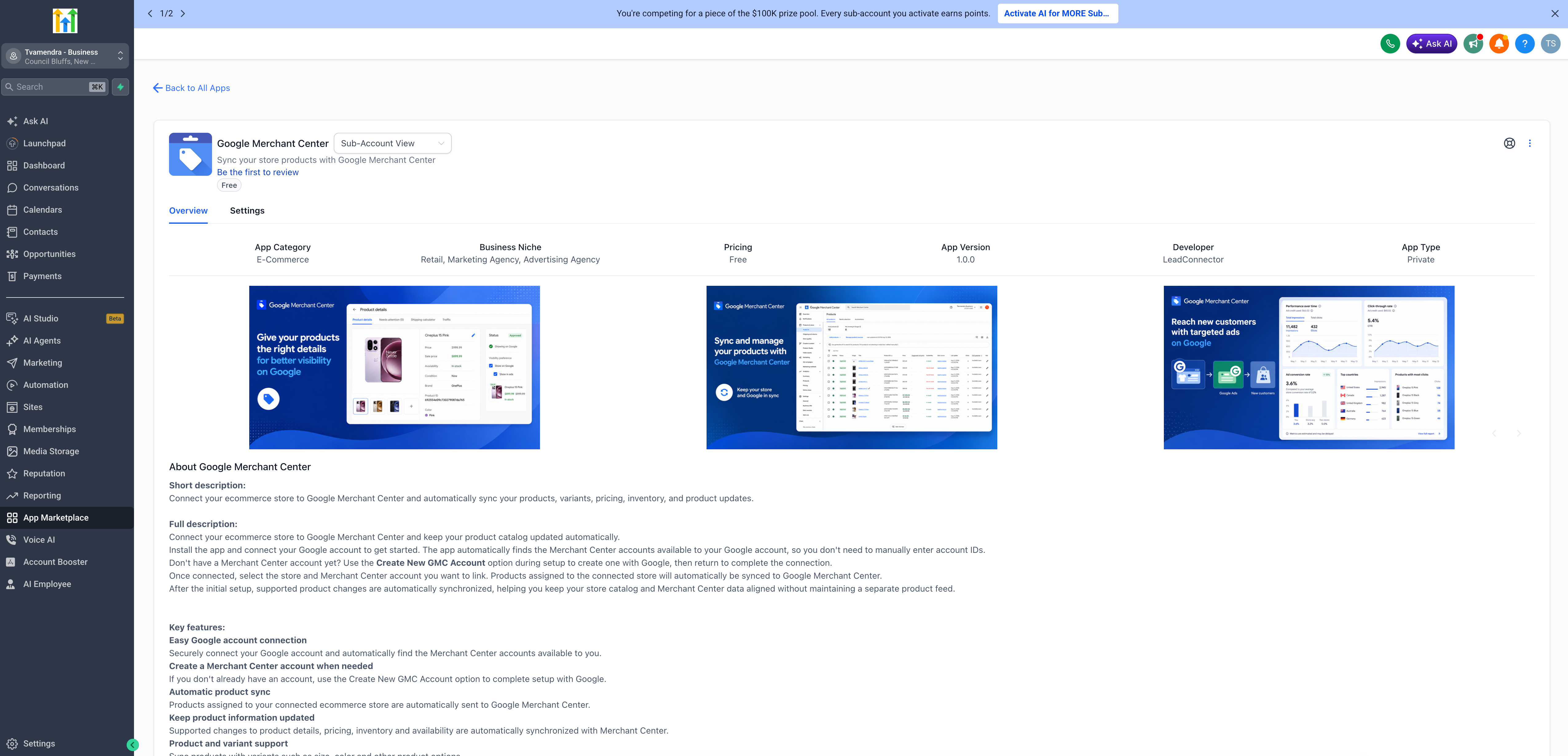 App Google Merchant Center nel Marketplace di Futuria CRM
