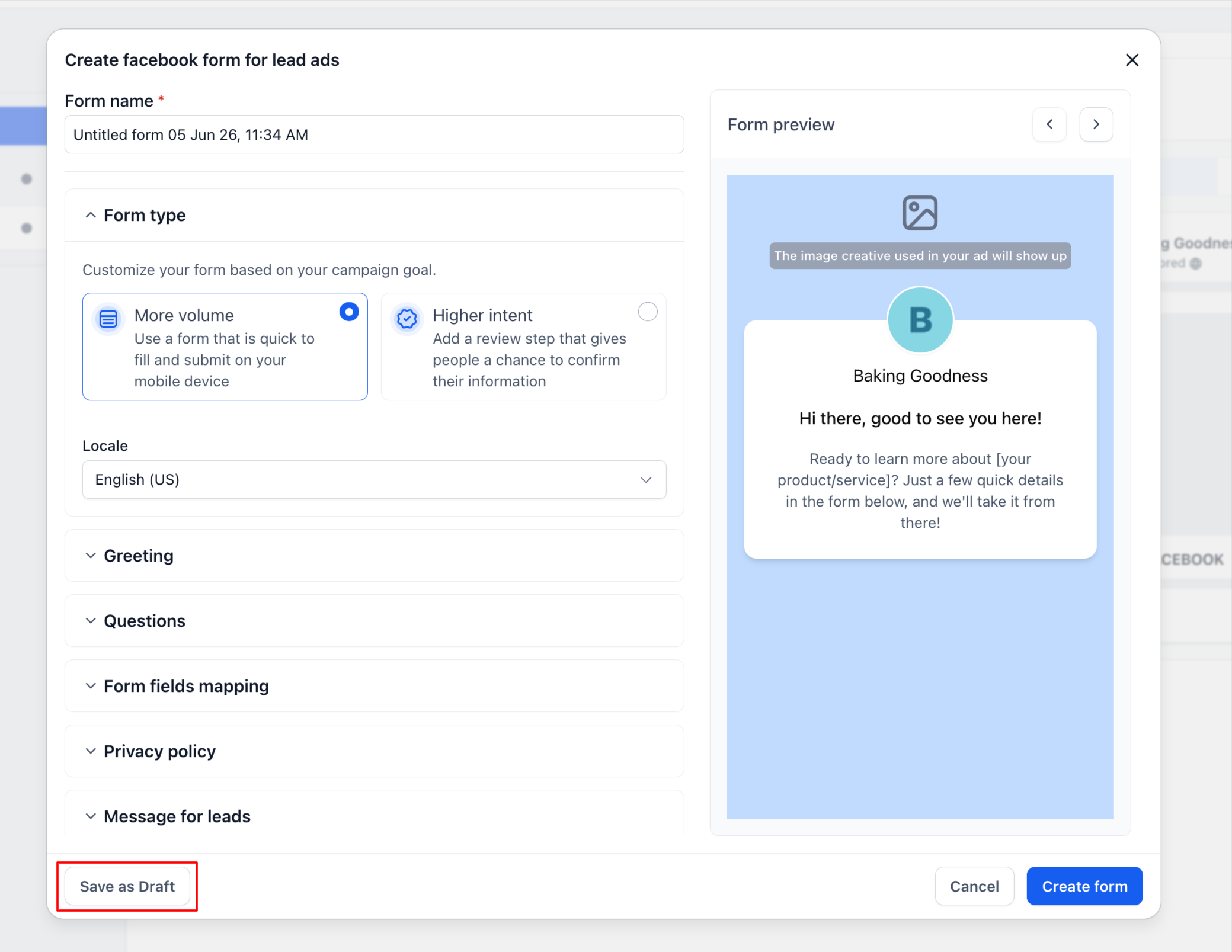 Pulsante 'Salva come bozza' nel costruttore di moduli lead di Meta in Futuria CRM.