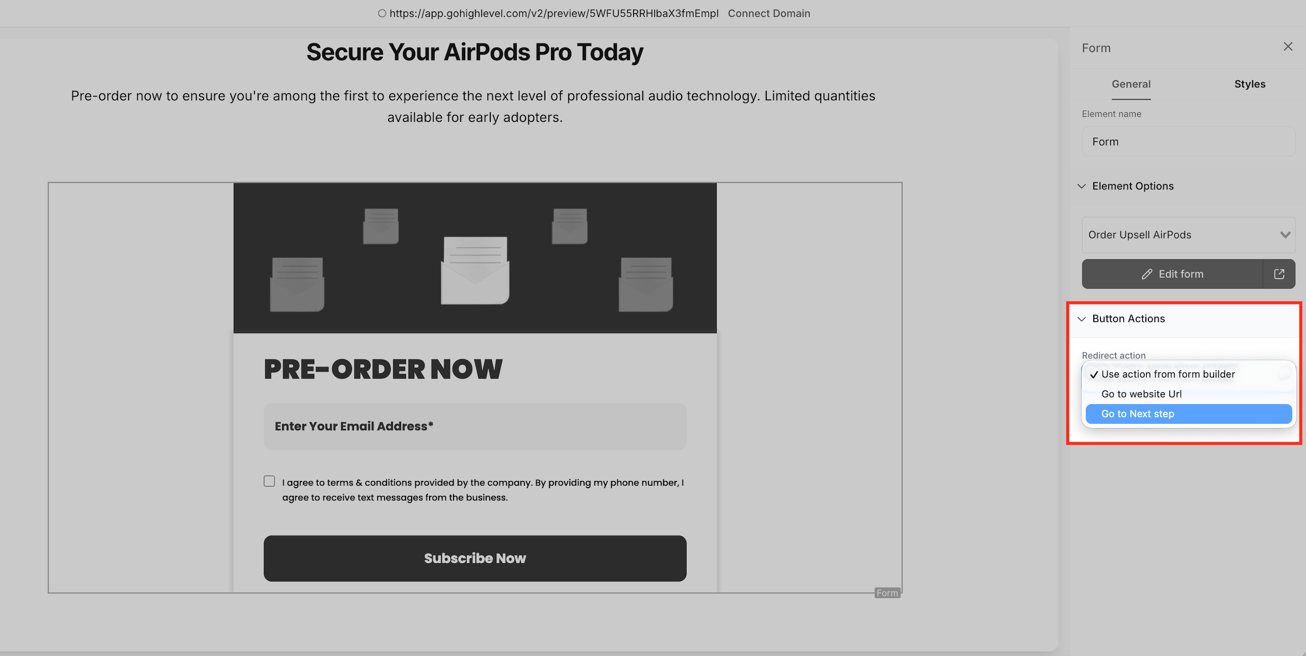 Impostazione dell'azione del pulsante del form per reindirizzare allo step successivo del funnel.