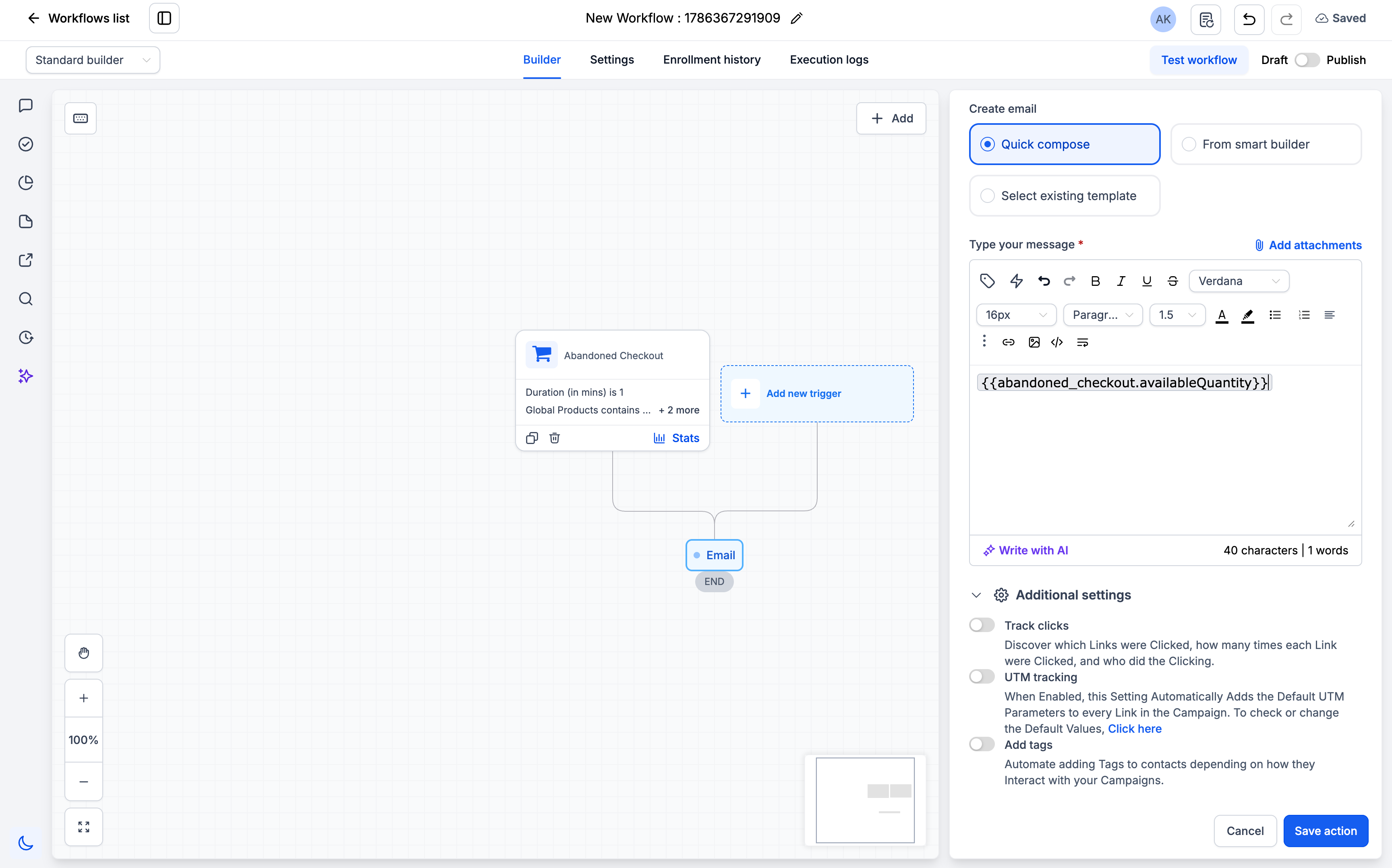 Utilizzo del valore personalizzato Quantità disponibile in un'azione di un workflow.