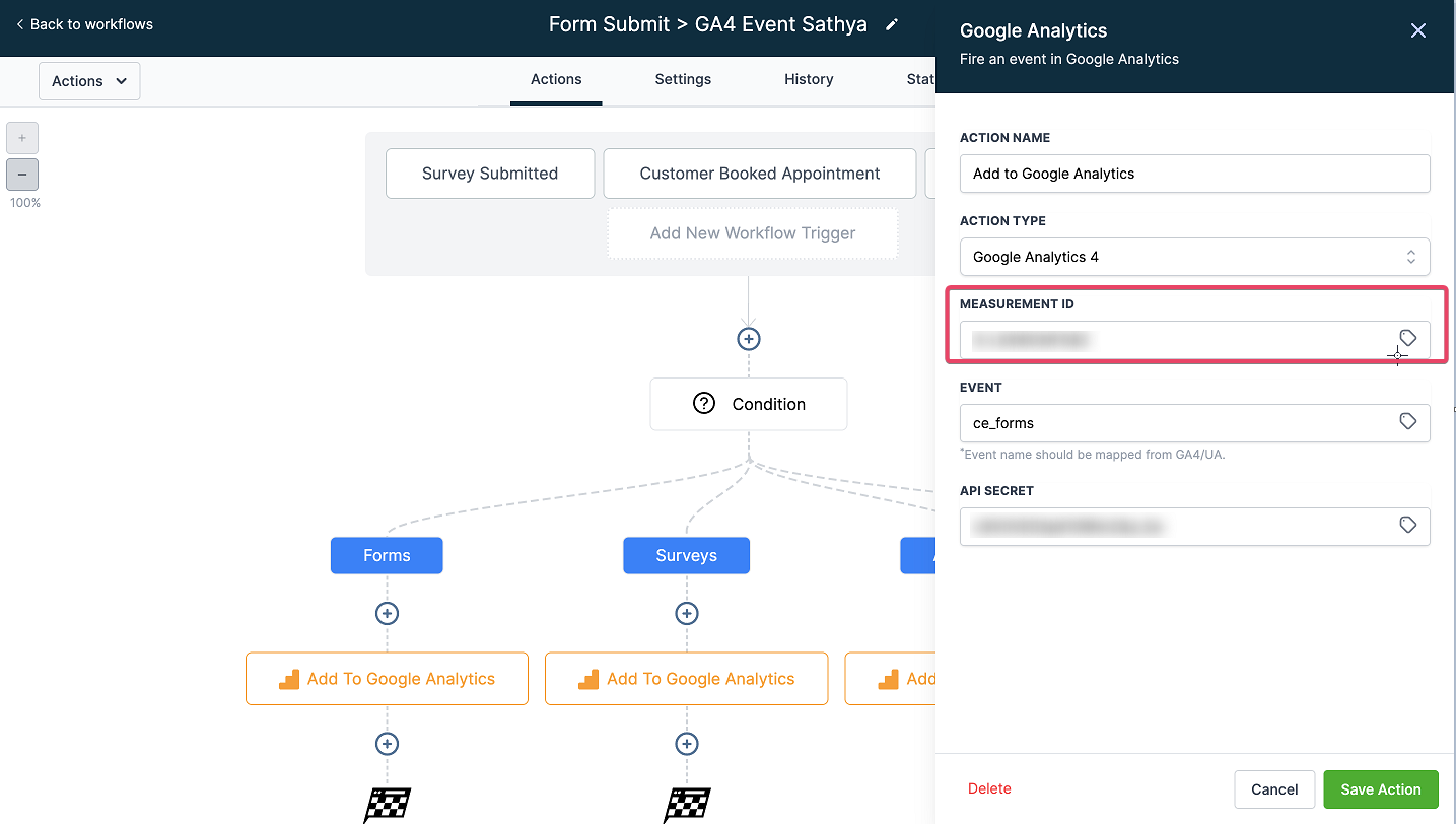 Inserimento dell'ID di misurazione nell'azione del workflow di Futuria CRM.