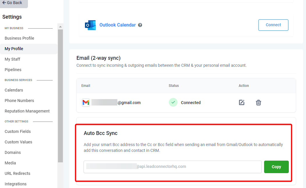Indirizzo BCC per la sincronizzazione automatica delle email.