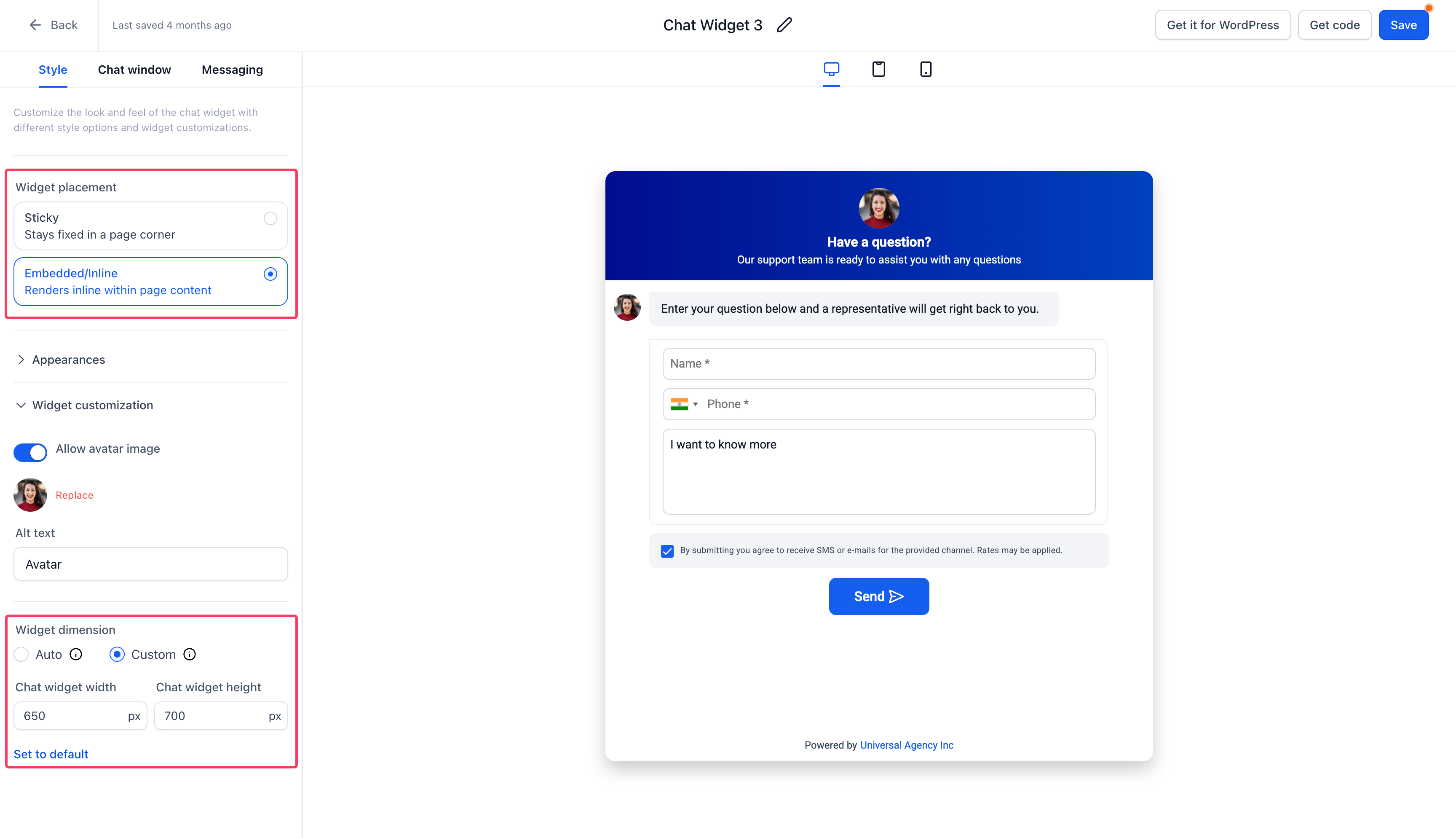 Schermata del builder del widget chat di Futuria CRM che mostra l'opzione di posizionamento 'Embedded' (incorporato).