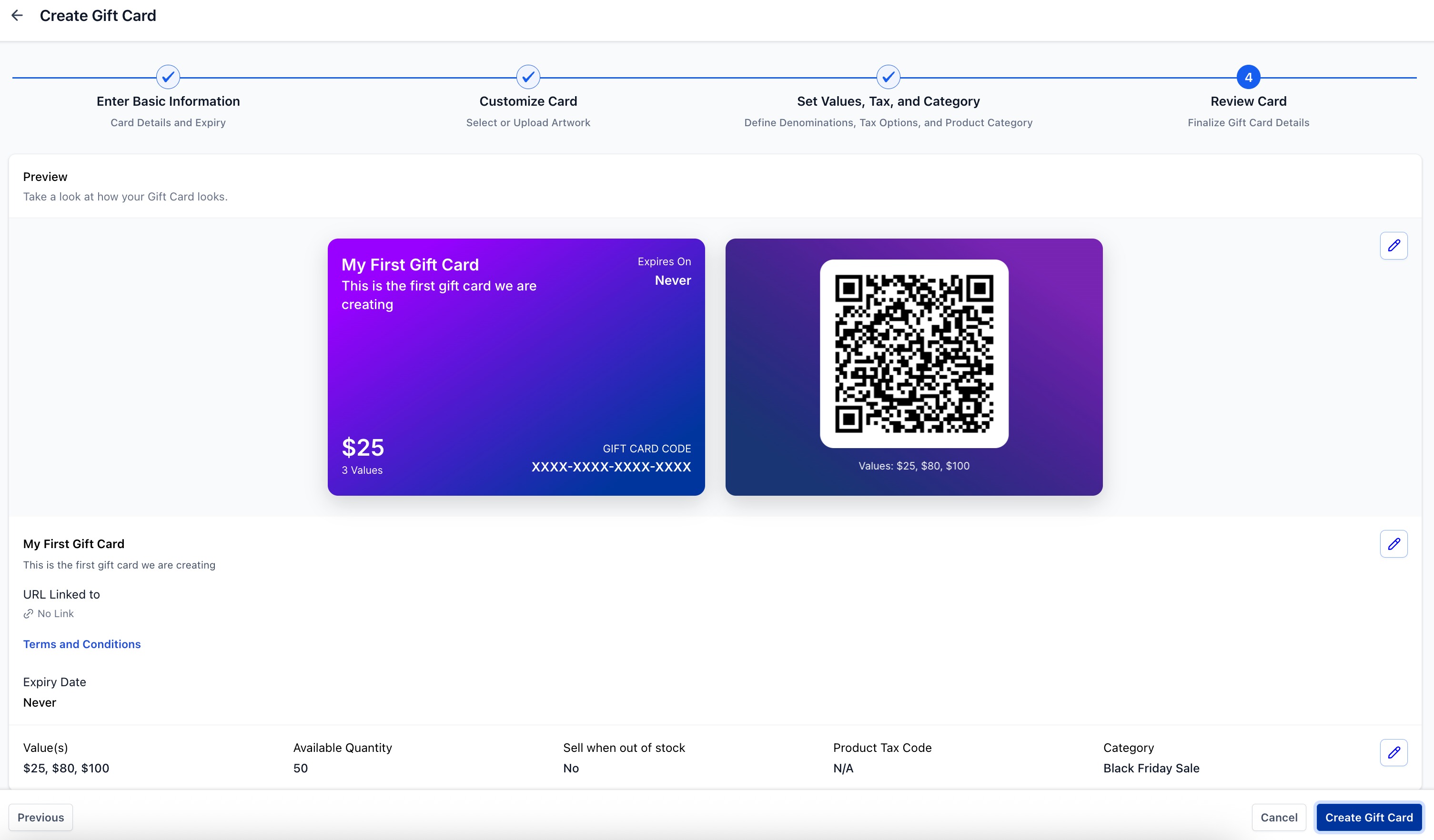 Schermata di riepilogo e anteprima prima di creare la gift card.