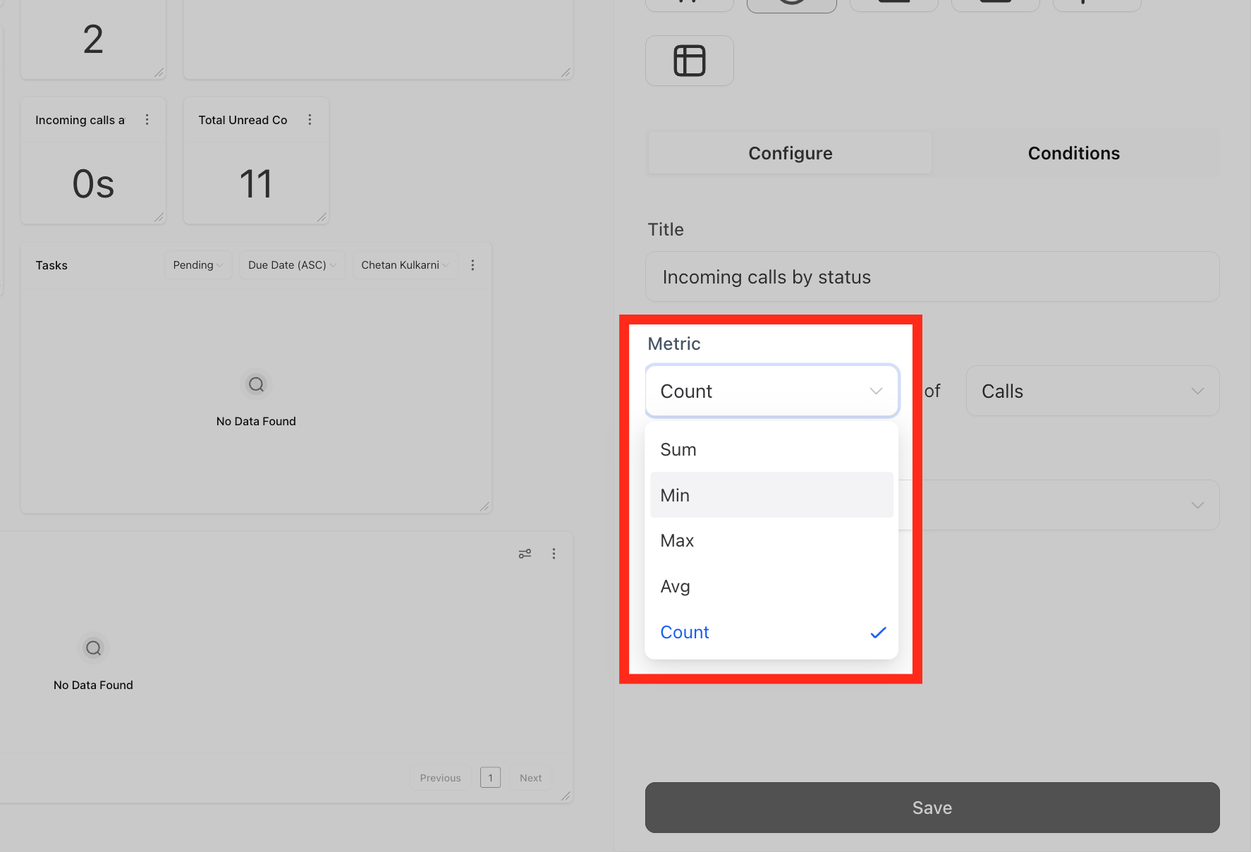 Elenco delle metriche supportate per i widget, come somma, media e conteggio.