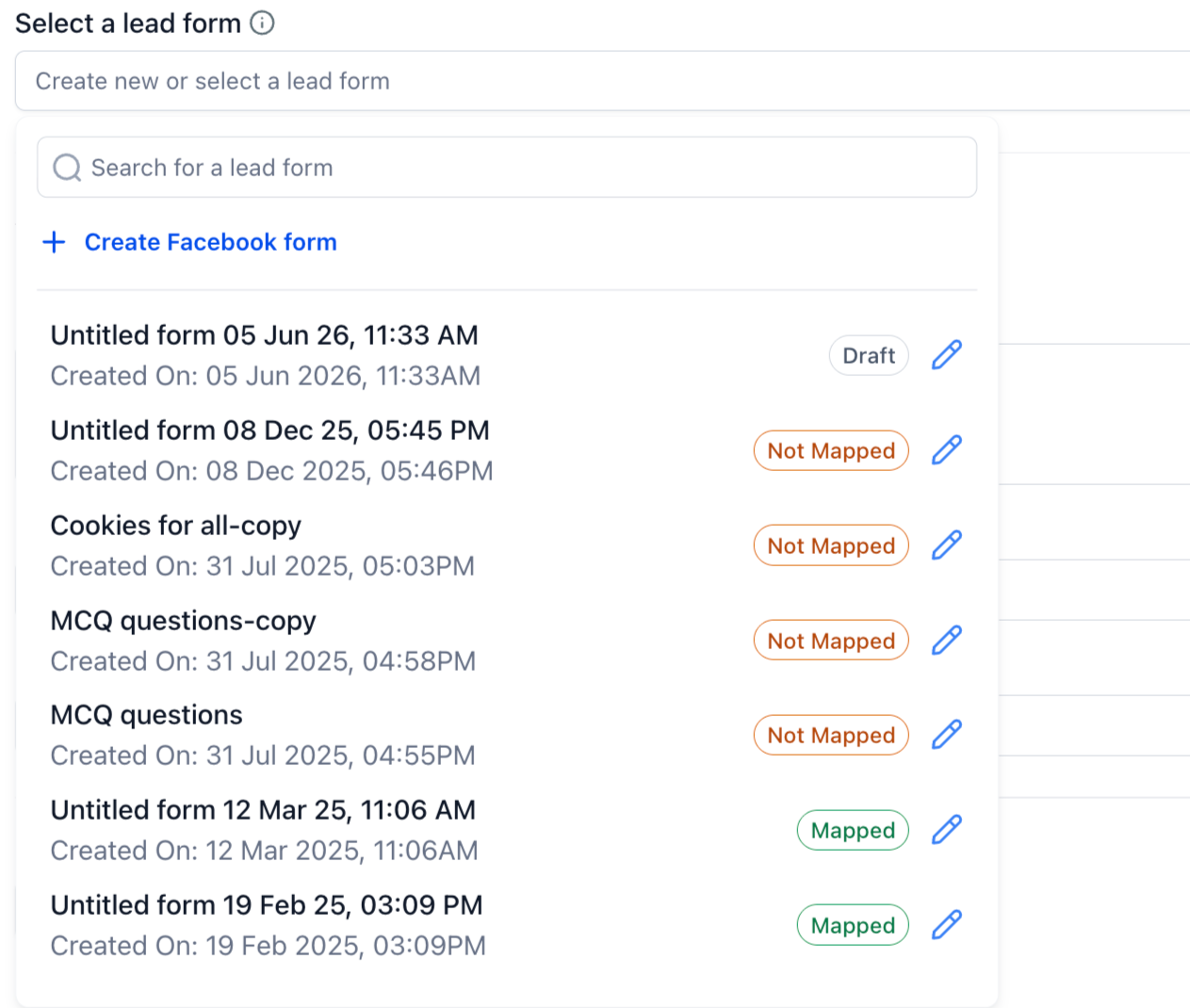 Elenco dei moduli lead con un'etichetta 'Bozza' visibile in Ads Manager.