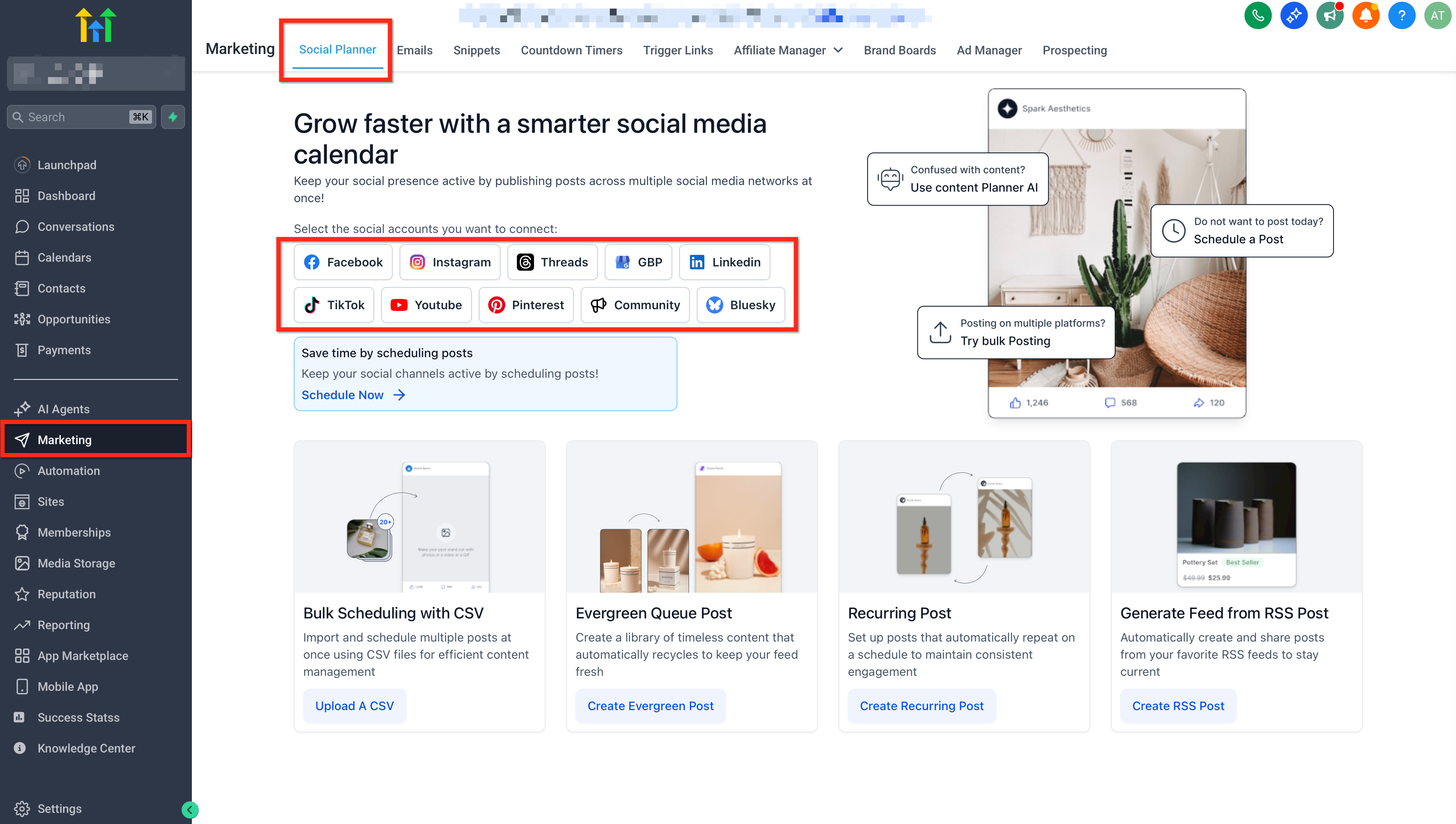Schermata per connettere un account social nel Social Planner.