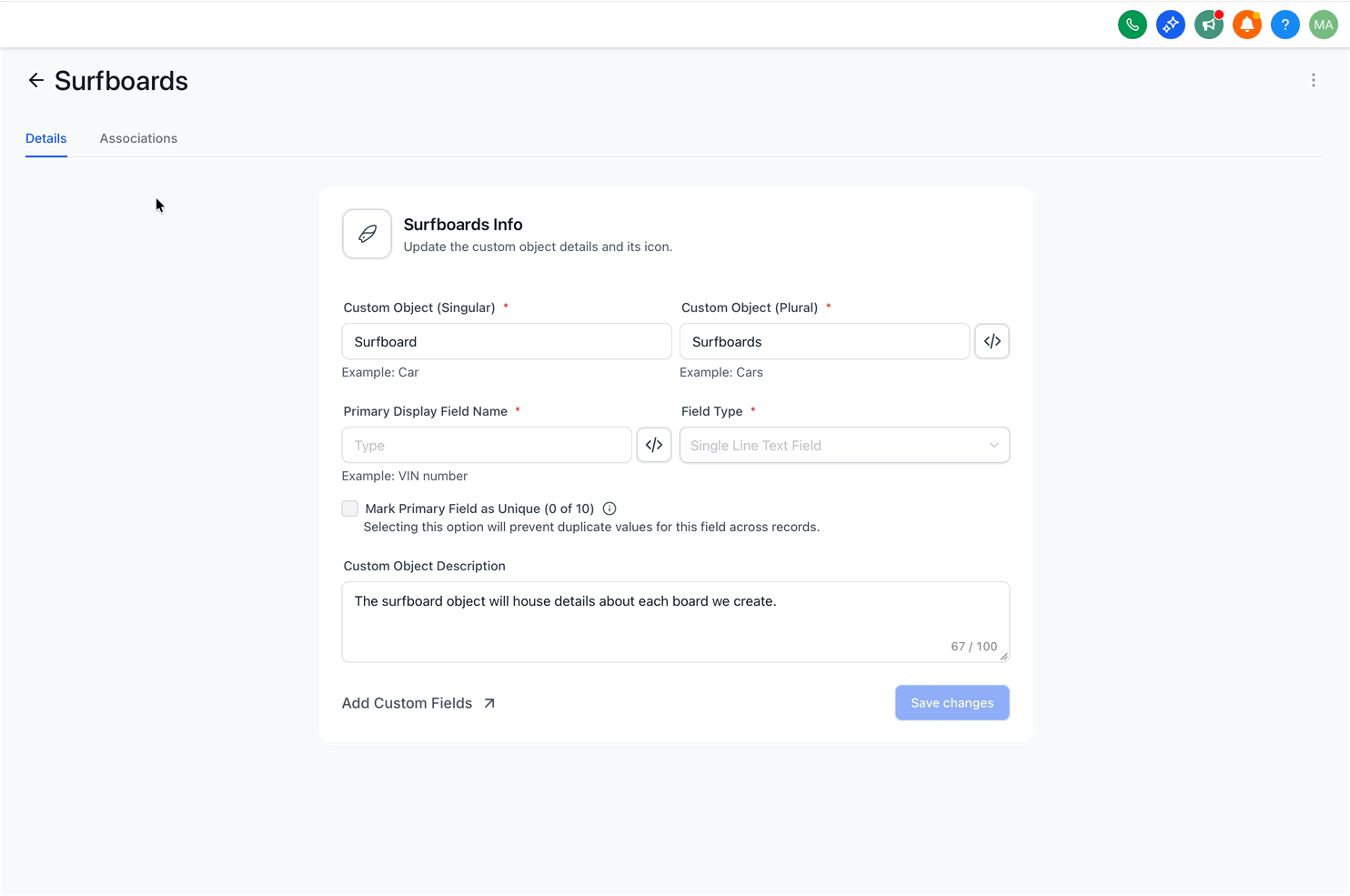 Esempio di associazione tra oggetti personalizzati in Futuria CRM.