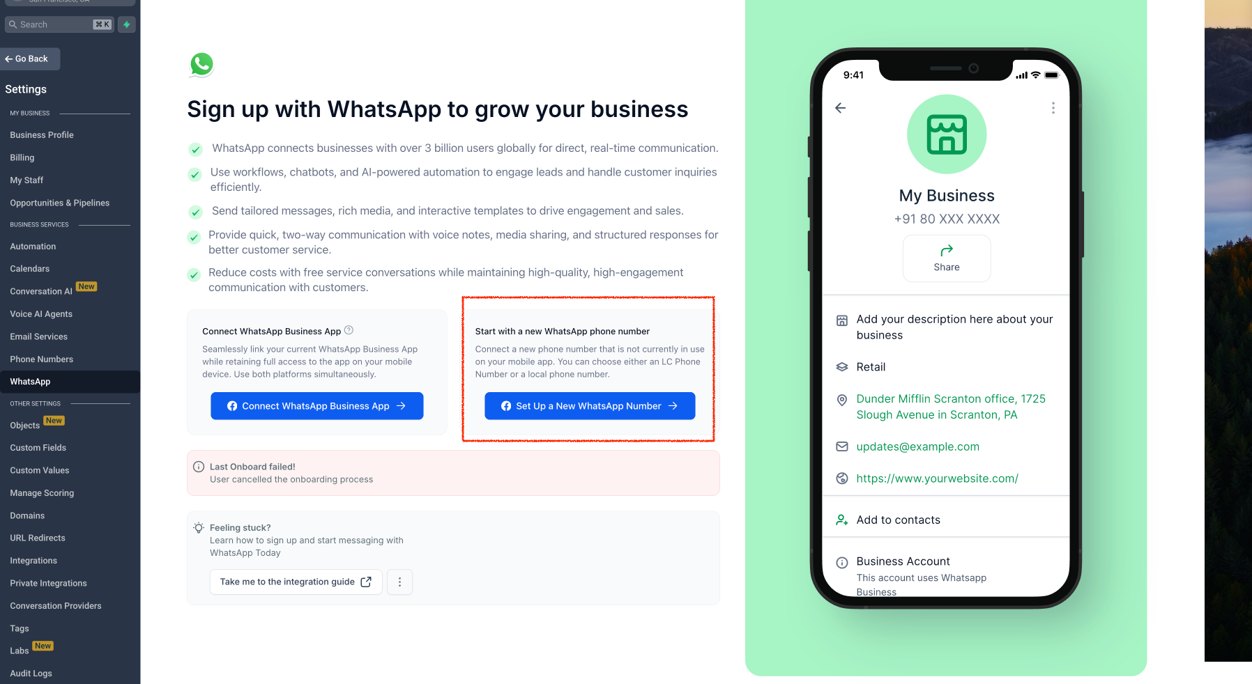 Schermata delle impostazioni di Futuria CRM per configurare un nuovo numero WhatsApp.