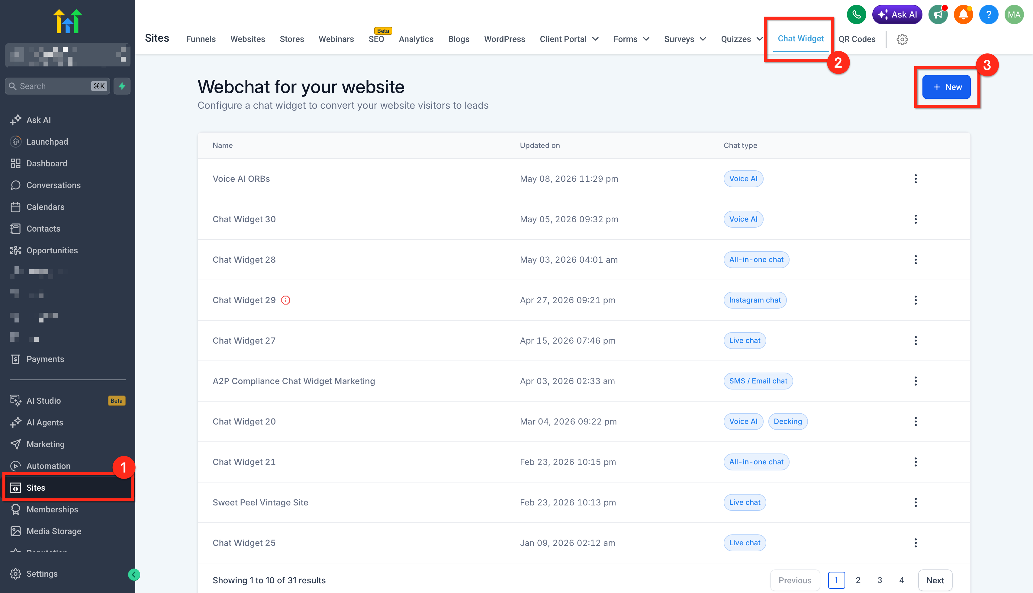 Navigazione alle impostazioni del widget di chat in Futuria CRM.