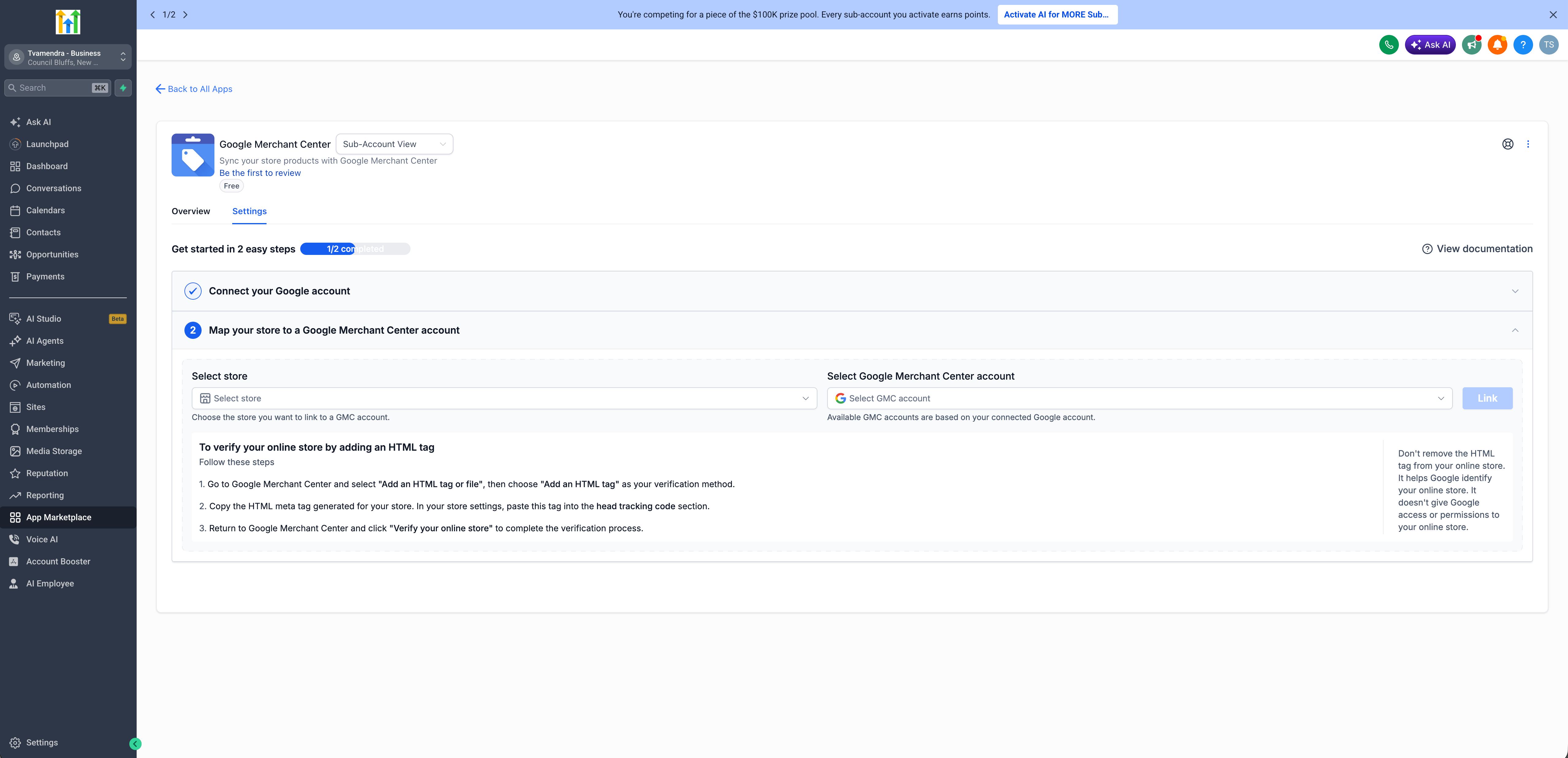 Selezione dell'account Google Merchant Center da collegare